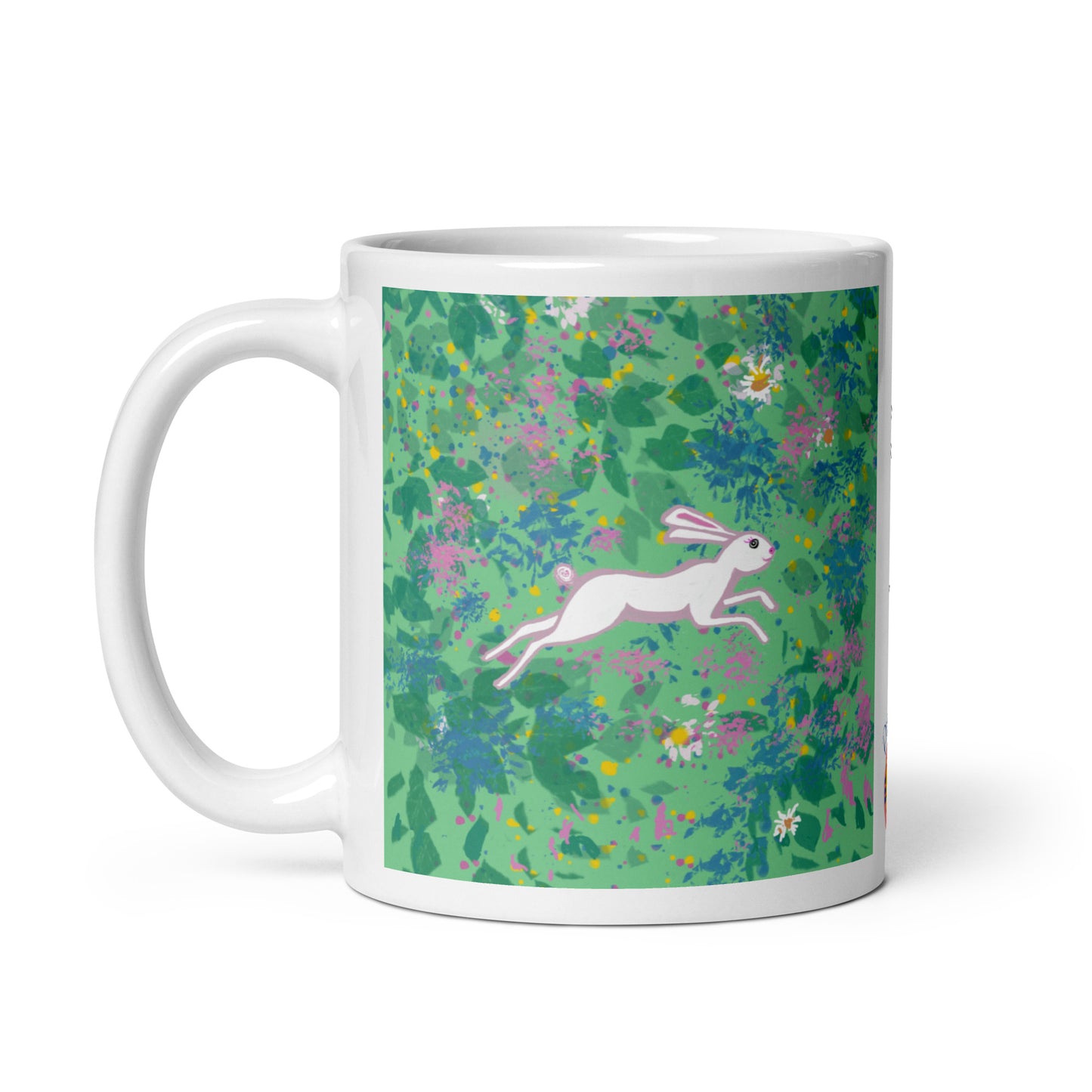 Ceramic mug with spring hare running through a field of wildflowers, symbol of renewal, agility, and joy.