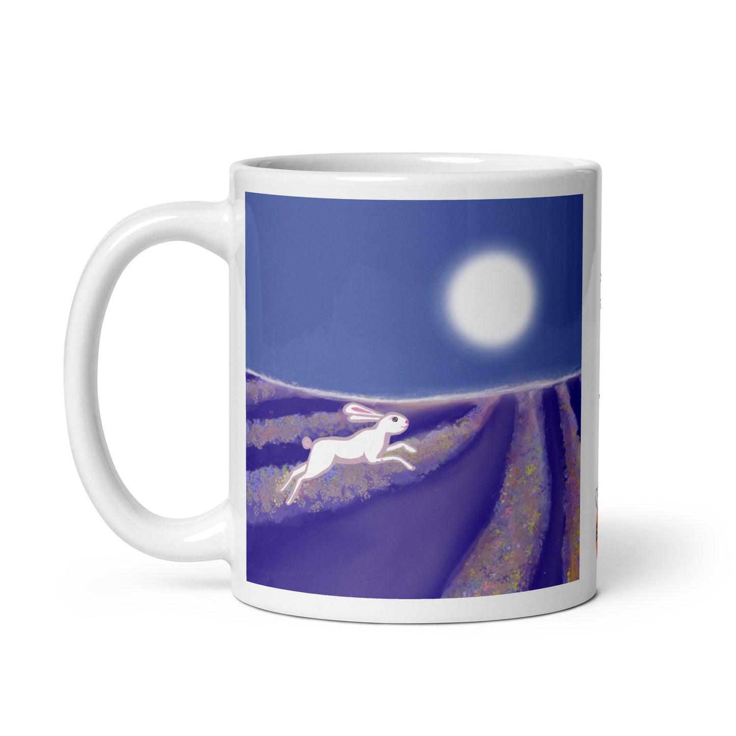 Ceramic mug with hare running through lavender rows under a full moon. Hare is the symbol the magician and trickster, of intuition, cycles, and agility.