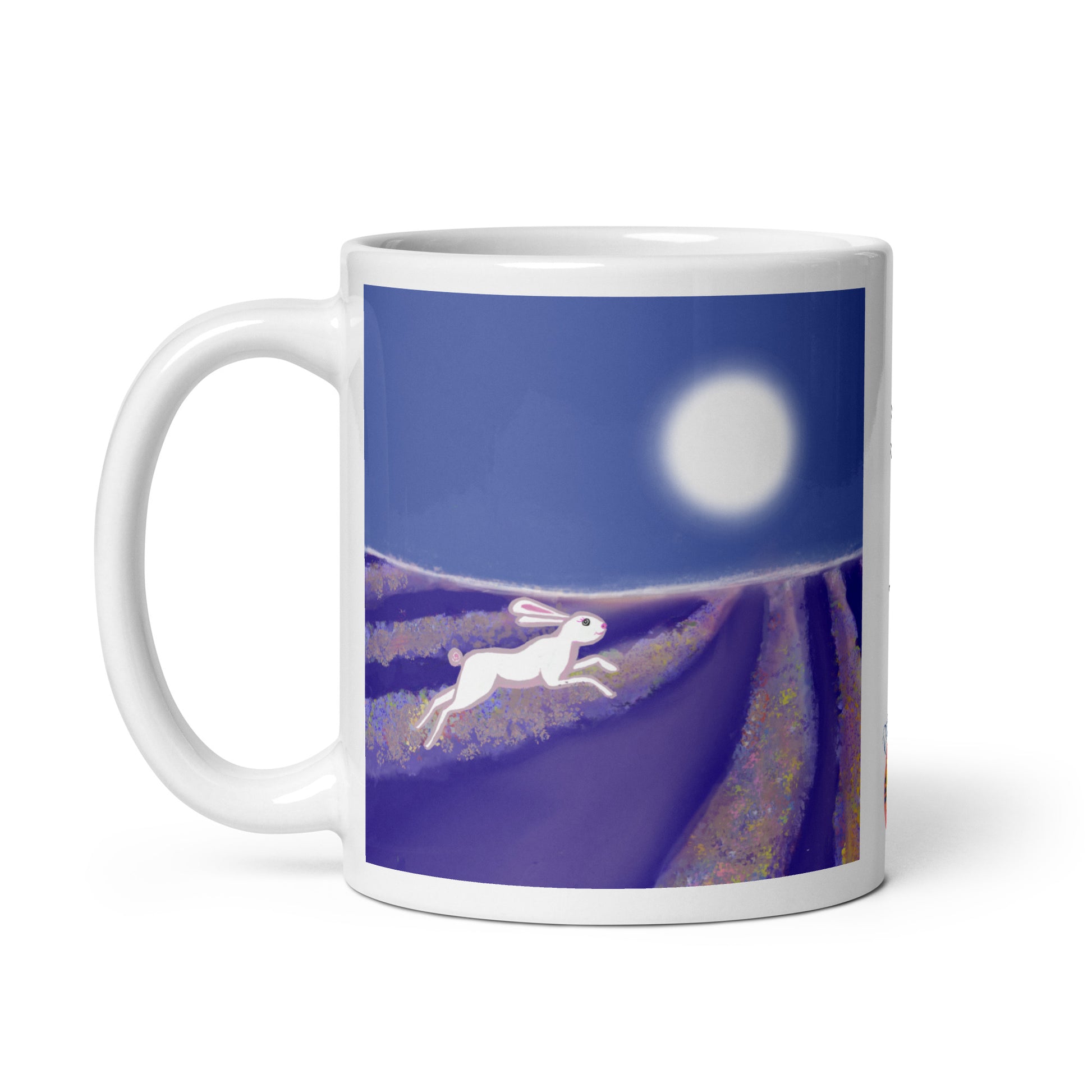 Ceramic mug with hare running through lavender rows under a full moon. Hare is the symbol the magician and trickster, of intuition, cycles, and agility.