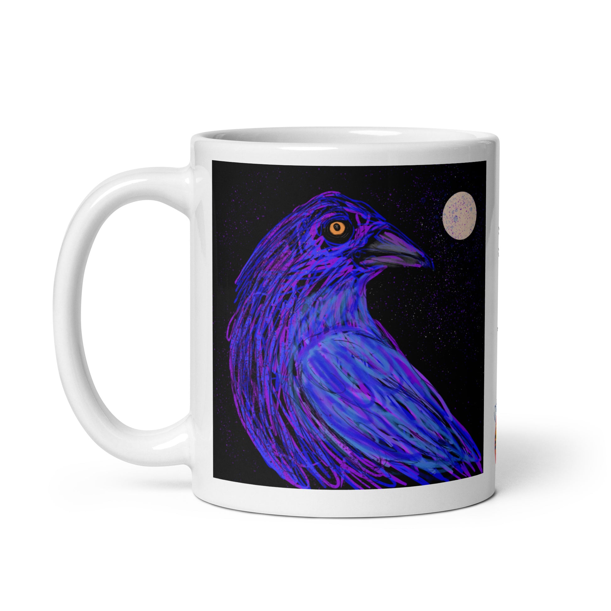 Ceramic mug with crow spirit design, symbol of intelligence, mystery, and transformation.  11 oz.