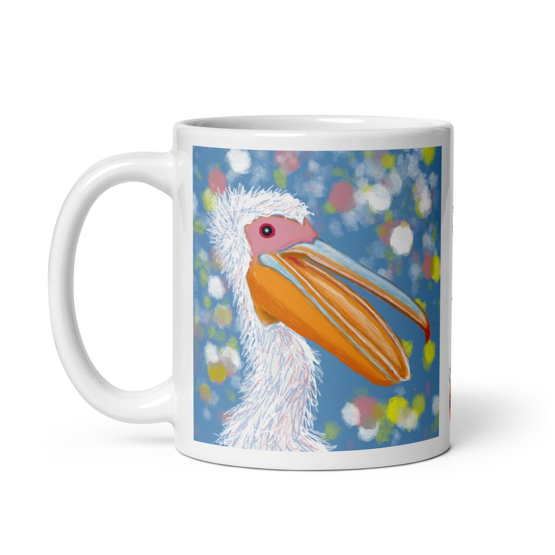 Ceramic mug with pelican spirit artwork, symbol of patience, nurture, and generosity.