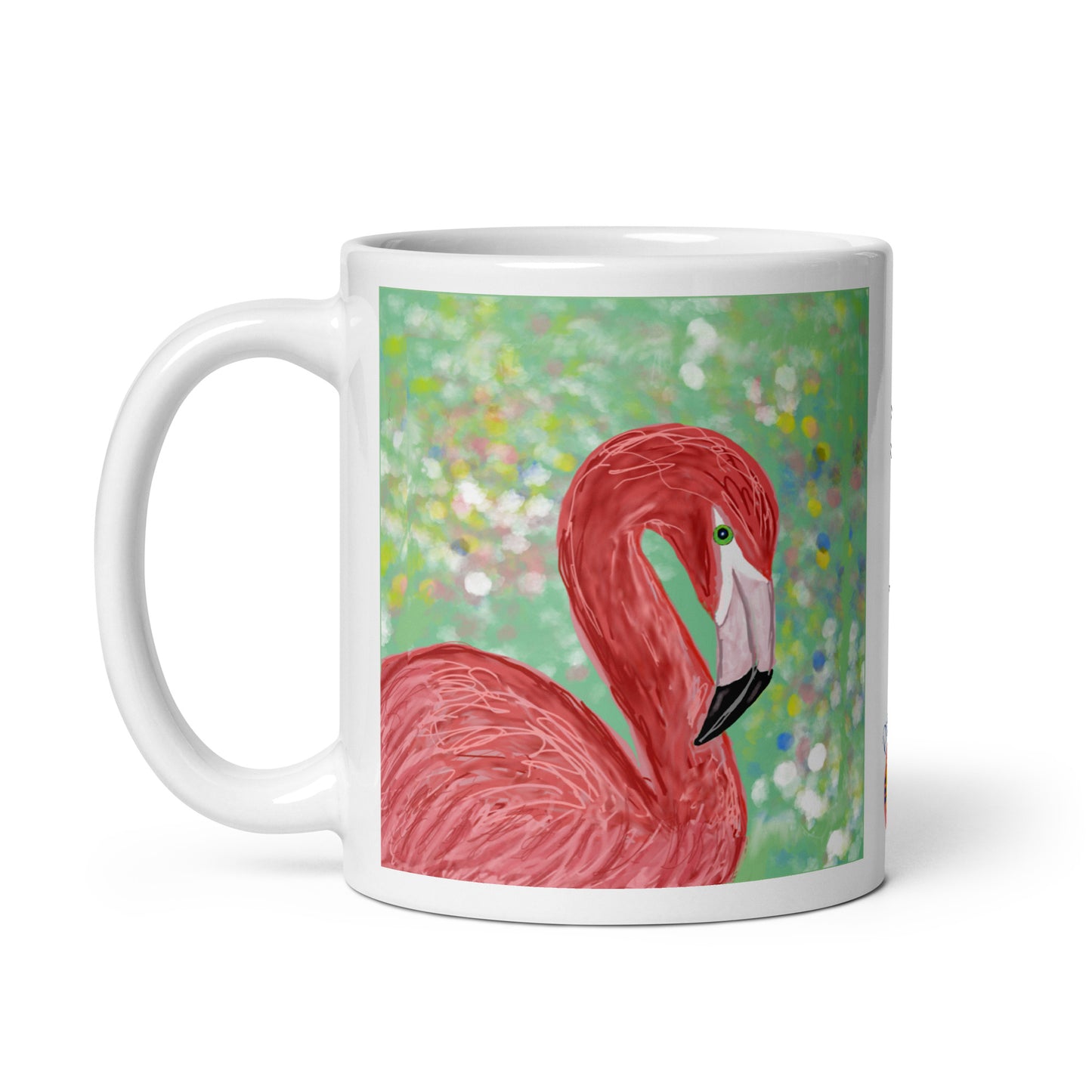 Ceramic mug with flamingo spirit artwork, symbol of balance, beauty, and community.