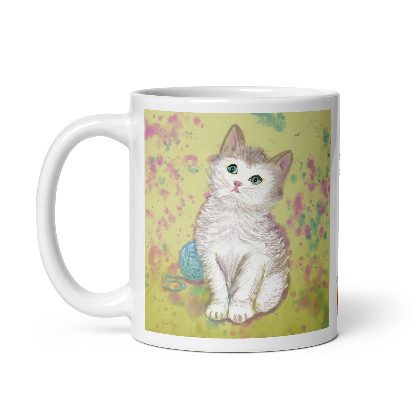 Ceramic mug with kitten spirit artwork, symbol of curiosity, playfulness, and gentle comfort.