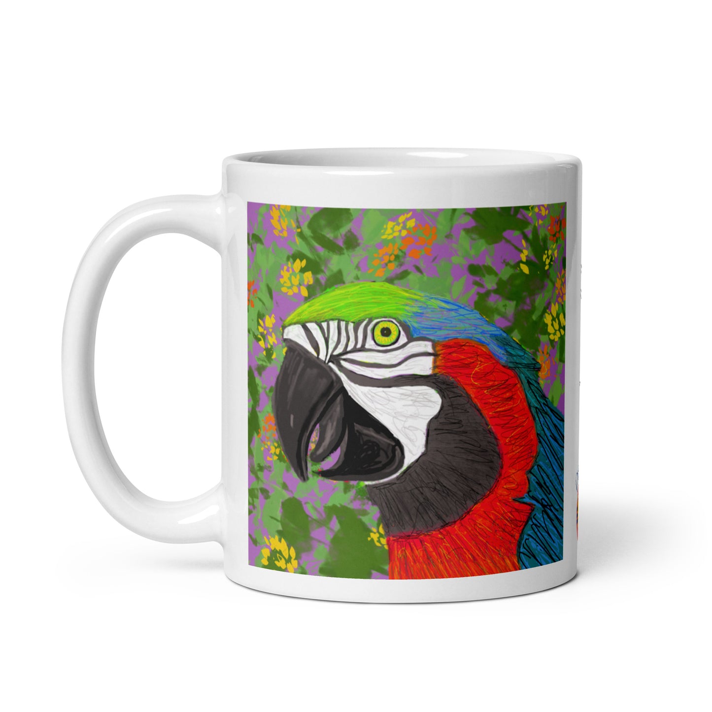 Ceramic mug with parrot spirit artwork, symbol of communication, color, and joy.