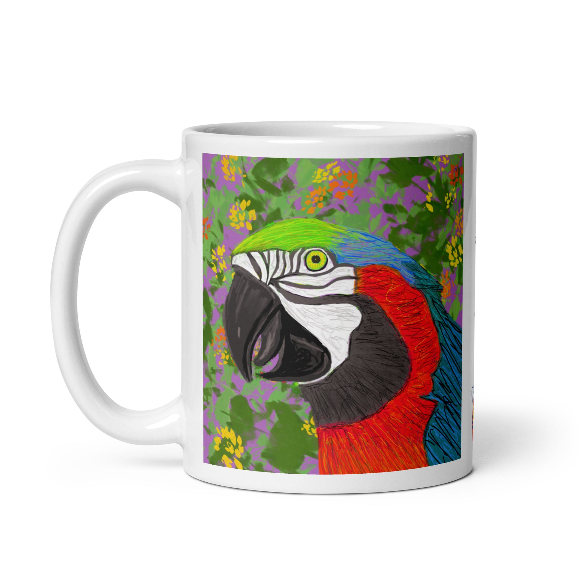 Ceramic parrot spirit mug with original artwork, symbol of communication, color, and joy.