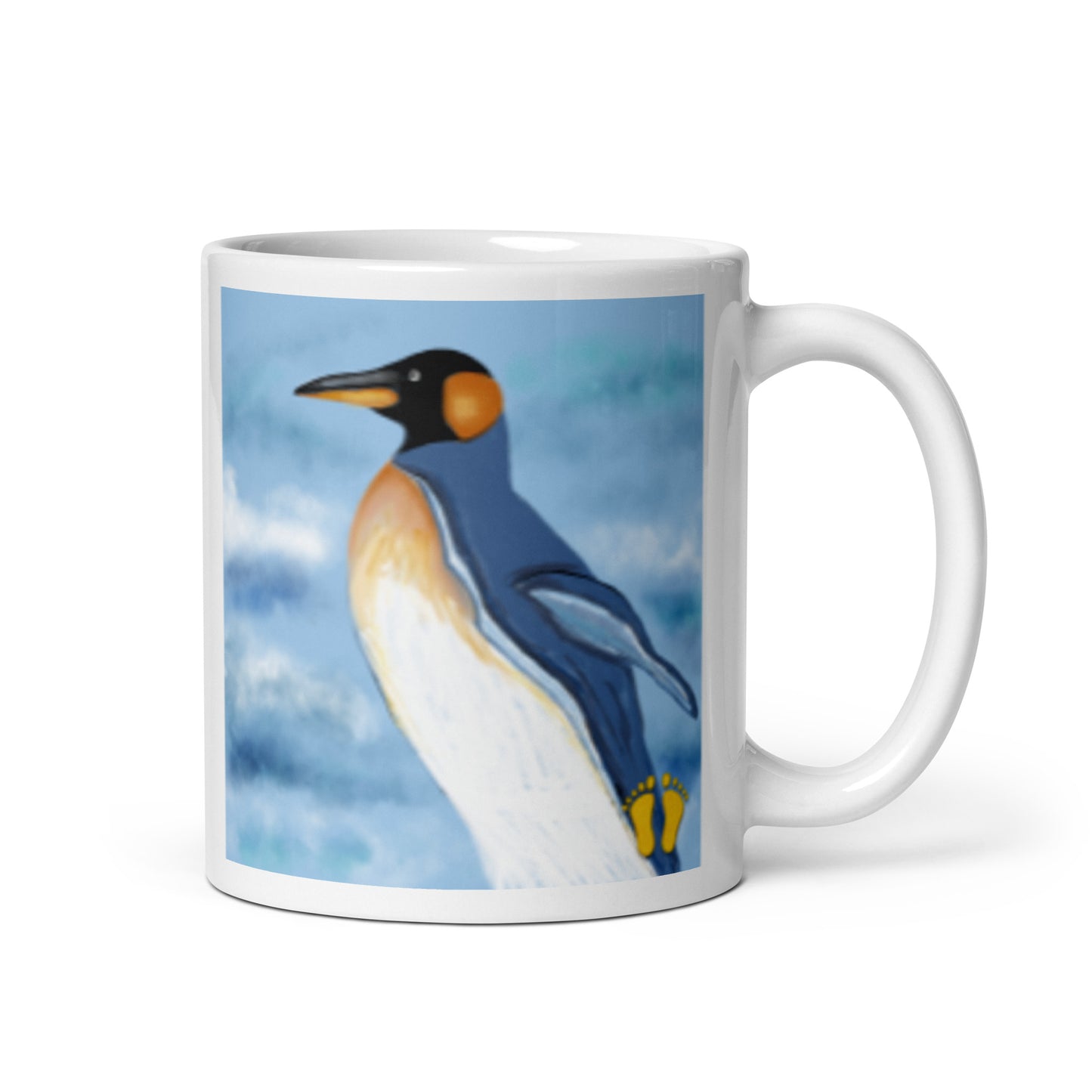 Coffee mug for penguin lovers. Penguin walking on ice next to the sea. Stamped with artist's golden toes mark. 11 oz mug