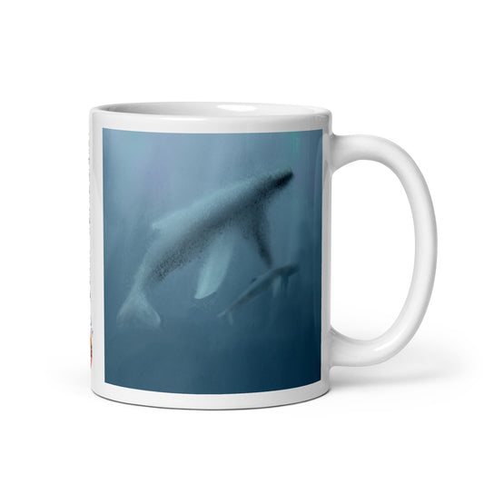 Front view ceramic mug with whale mother and calf carrying the ancient song of endurance and belonging