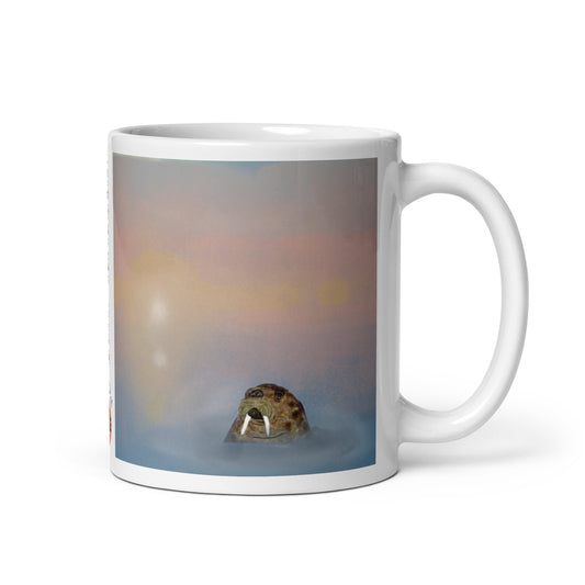 Ceramic coffee mug with walrus spirit artwork, symbol of wisdom, protection, and endurance. 11 oz
