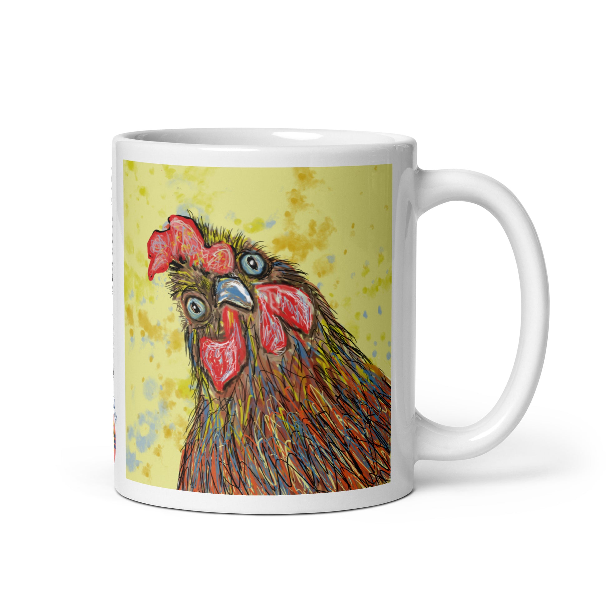 Mug with a colorful chicken design on a white background. 11 oz mug