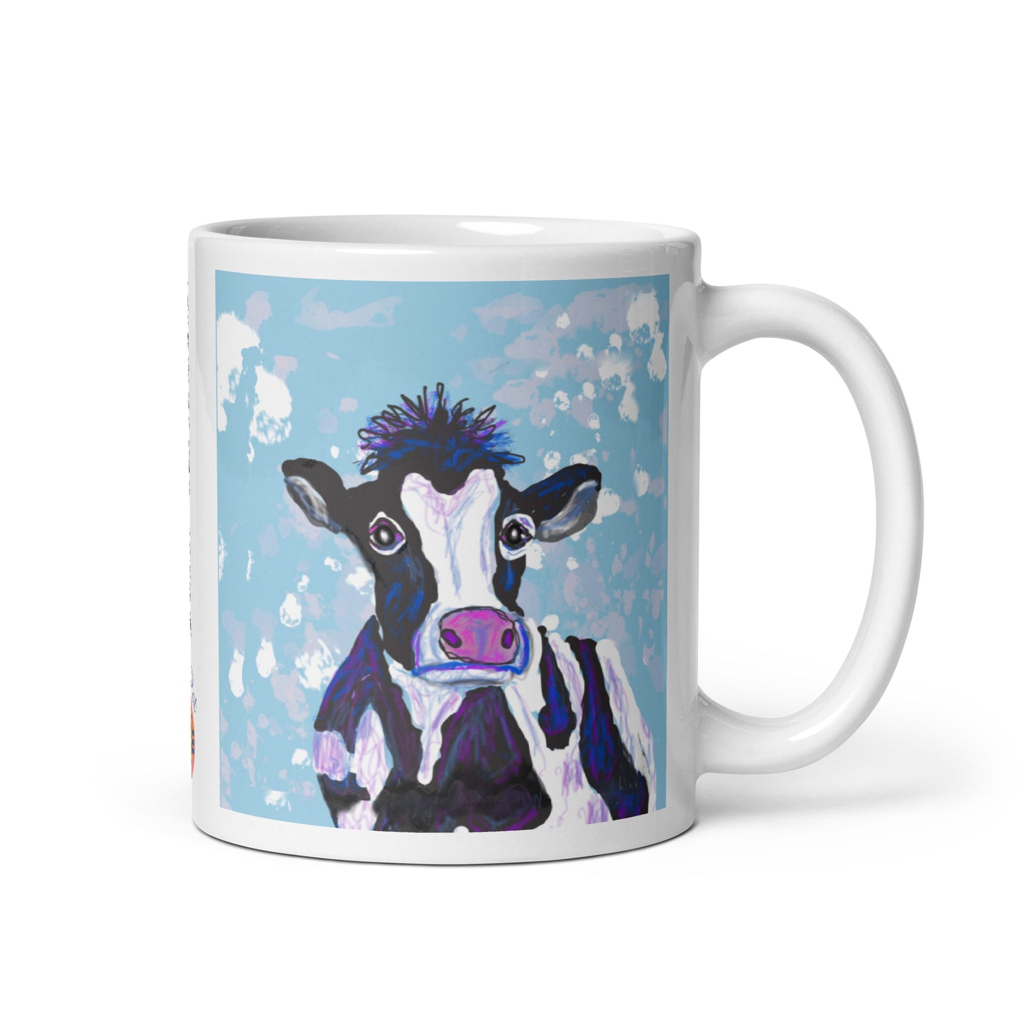 White ceramic mug with original cow spirit artwork, symbolizing nurturing, abundance, and the gentle strength of Earth. 11 oz