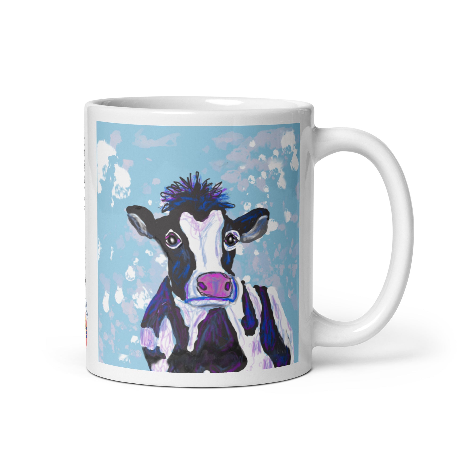 White ceramic mug with original cow spirit artwork, symbolizing nurturing, abundance, and the gentle strength of Earth. 11 oz