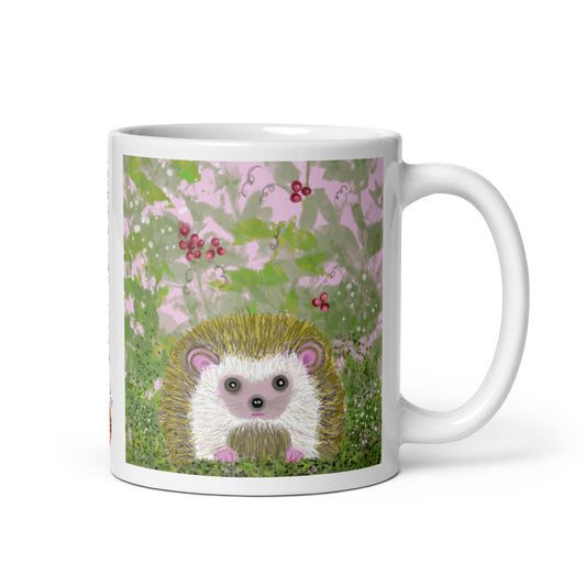 Original artists design of a hedgehog in a springtime bramble on a mug. 11 oz.