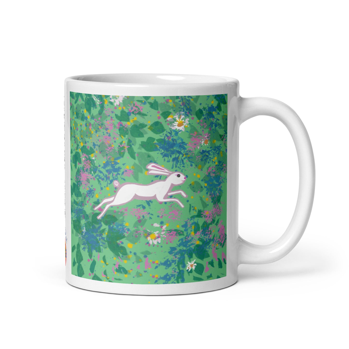 Ceramic mug with spring hare running through a field of wildflowers, symbol of renewal, agility, and joy.