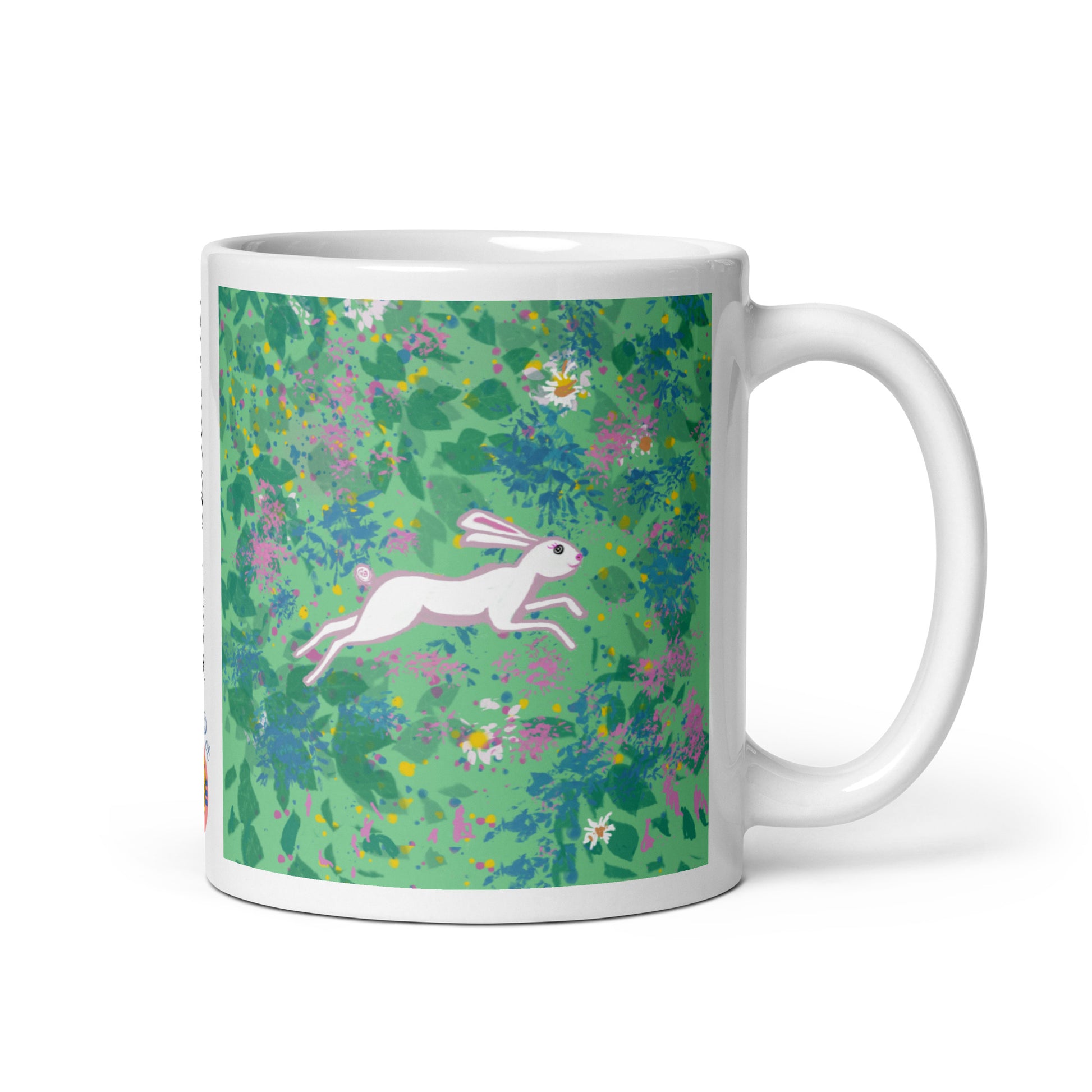 Ceramic mug with spring hare running through a field of wildflowers, symbol of renewal, agility, and joy.