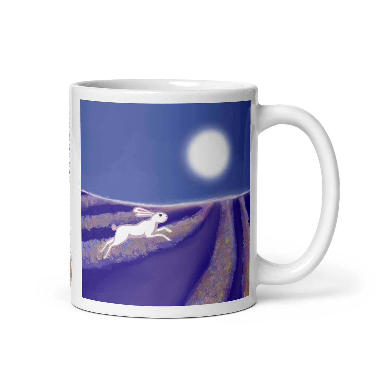 Ceramic mug with hare running through lavender rows under a full moon. Hare is the symbol the magician and trickster, of intuition, cycles, and agility.