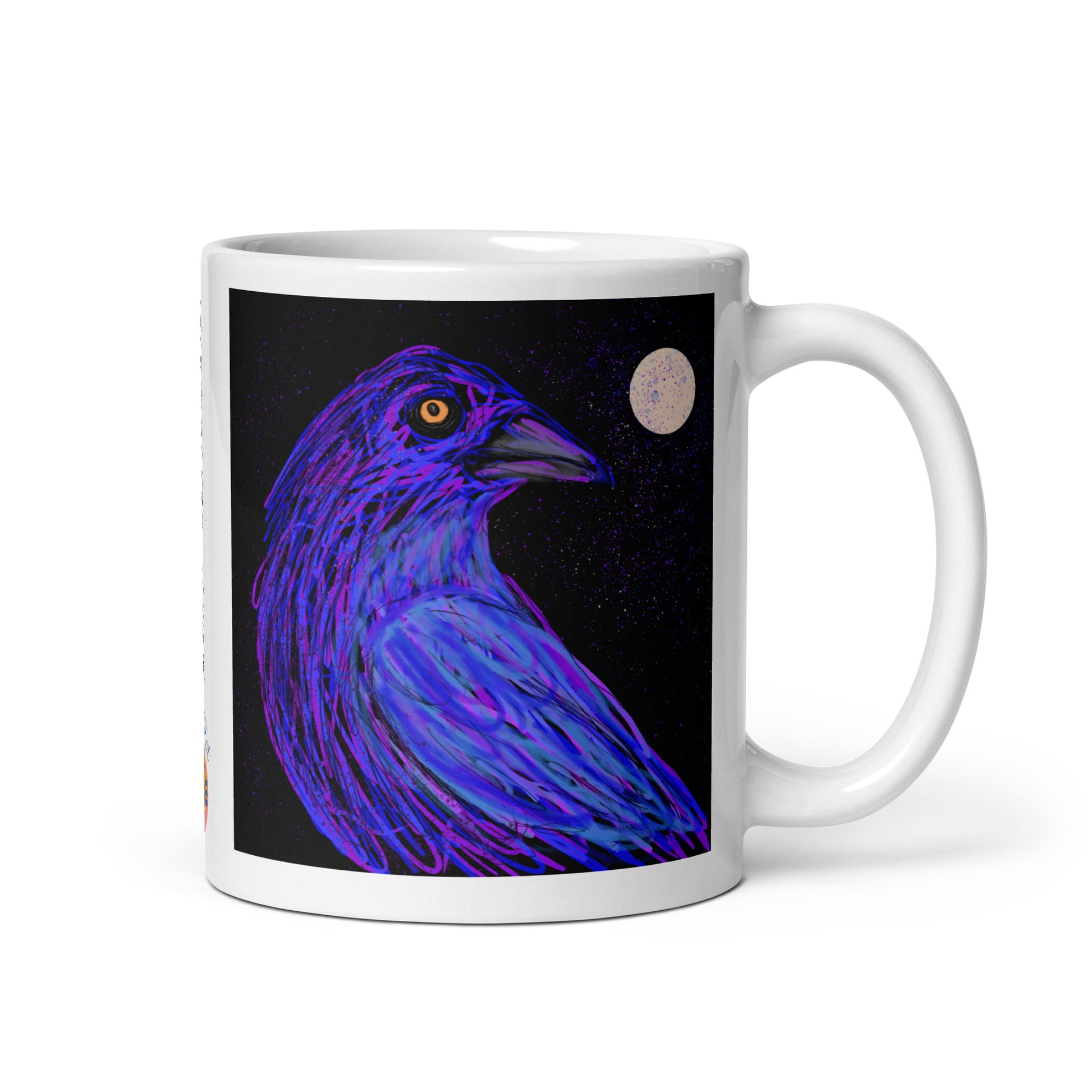 Ceramic mug with crow spirit design, symbol of intelligence, mystery, and transformation. 11 oz.