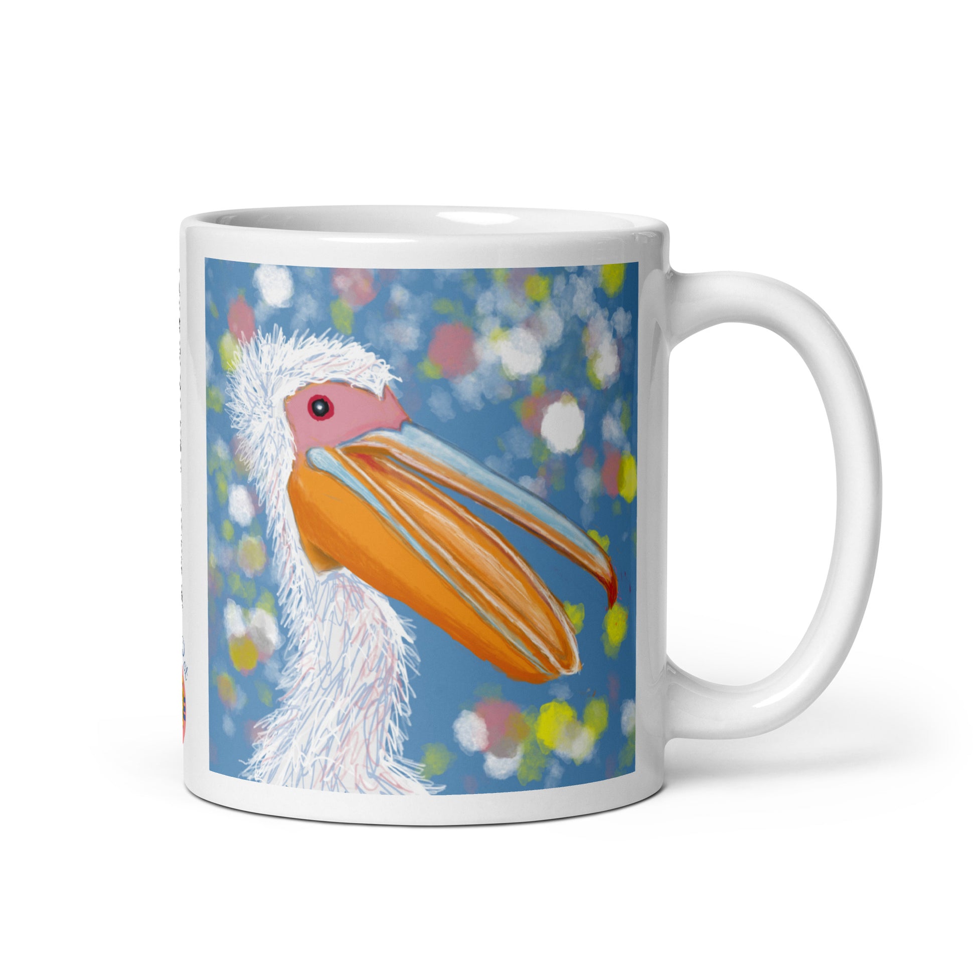 Ceramic mug with pelican spirit artwork, symbol of patience, nurture, and generosity.