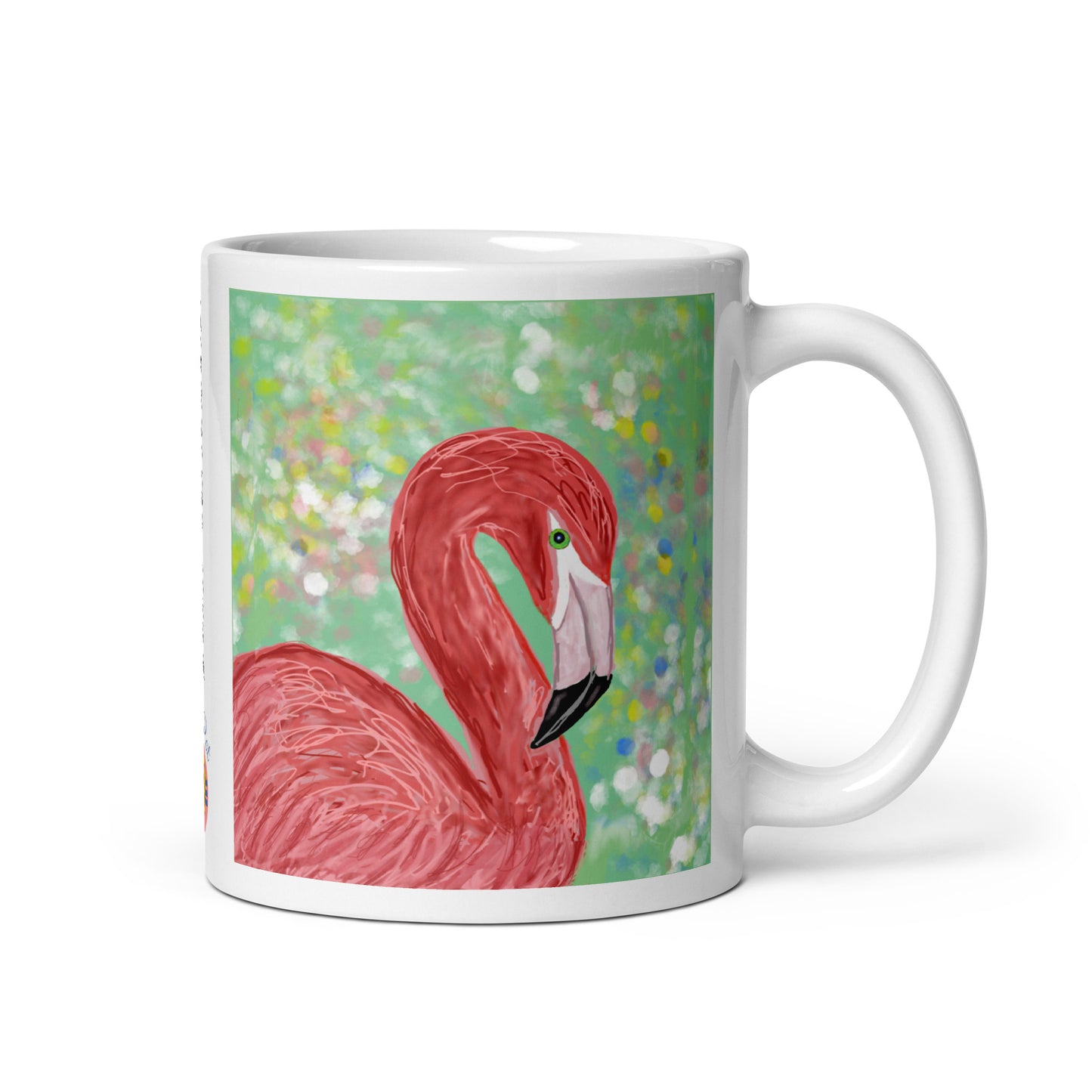 Ceramic mug with flamingo spirit artwork, symbol of balance, beauty, and community.