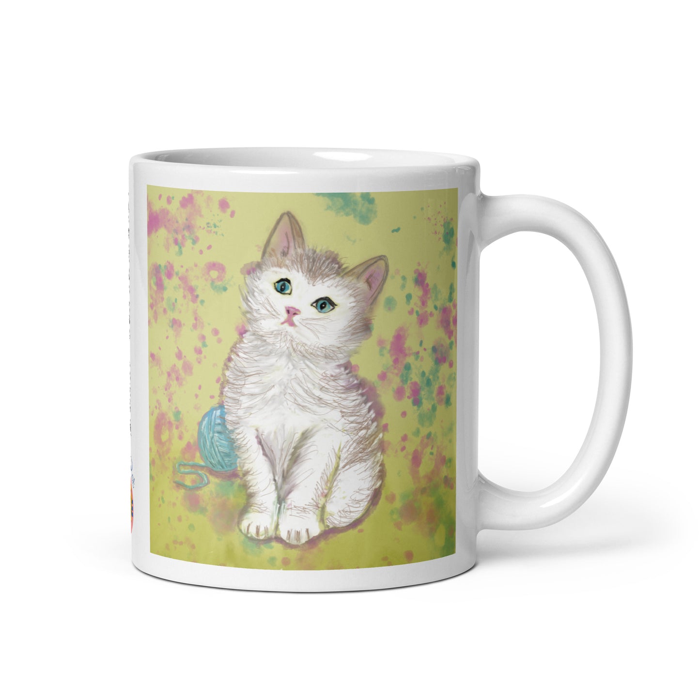 Ceramic mug with kitten spirit artwork, symbol of curiosity, playfulness, and gentle comfort.