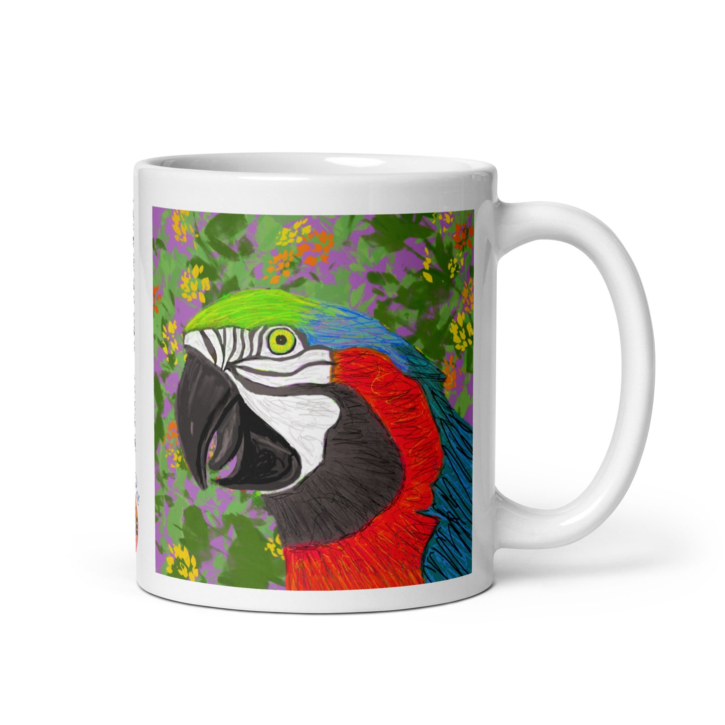 Ceramic mug with parrot spirit artwork, symbol of communication, color, and joy.