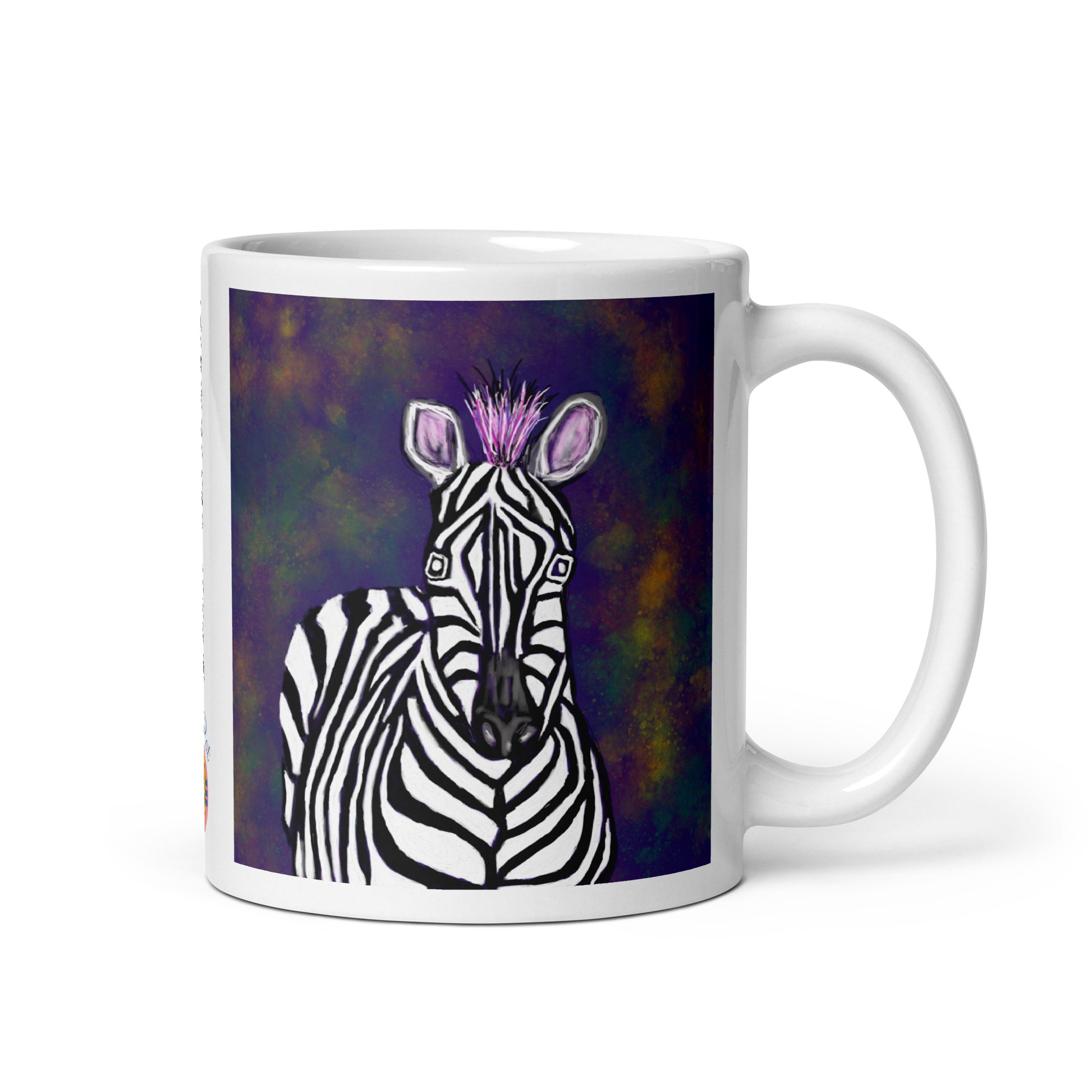 White ceramic mug with image of a zebra spirit. Original artwork.
