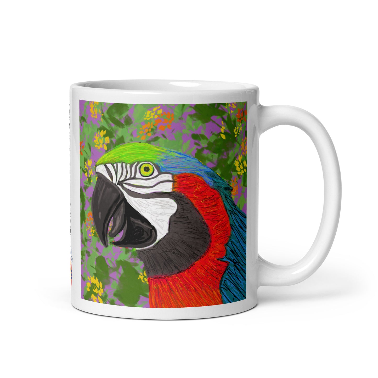 Ceramic parrot spirit mug with original artwork, symbol of communication, color, and joy.
