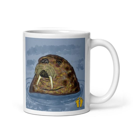 Coffee mug for walrus lovers. Unique walrus design has a curious expression. Walrus popping head out of the sea. Stamped with artist's golden toes mark. 11 oz mug