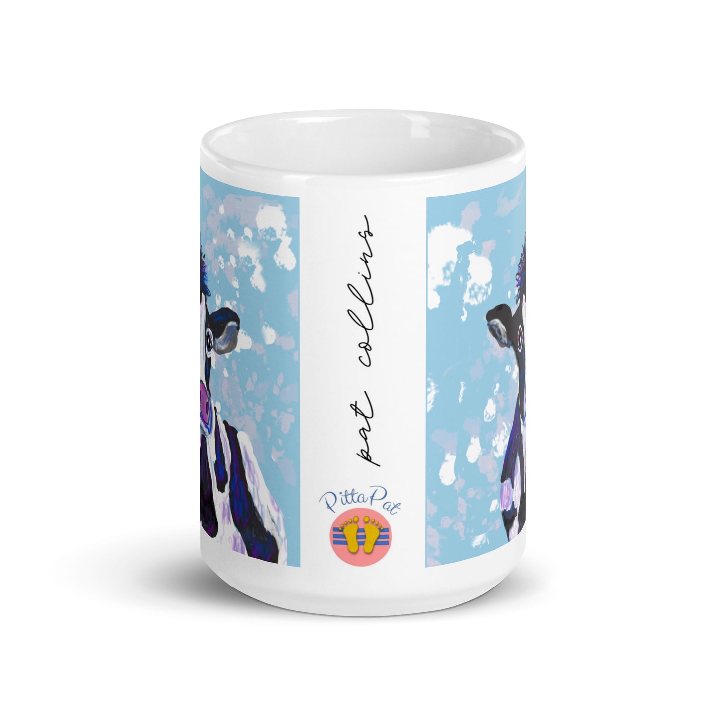 PittaPat happy toes logo with artist's signature on Soulful Cow mug.