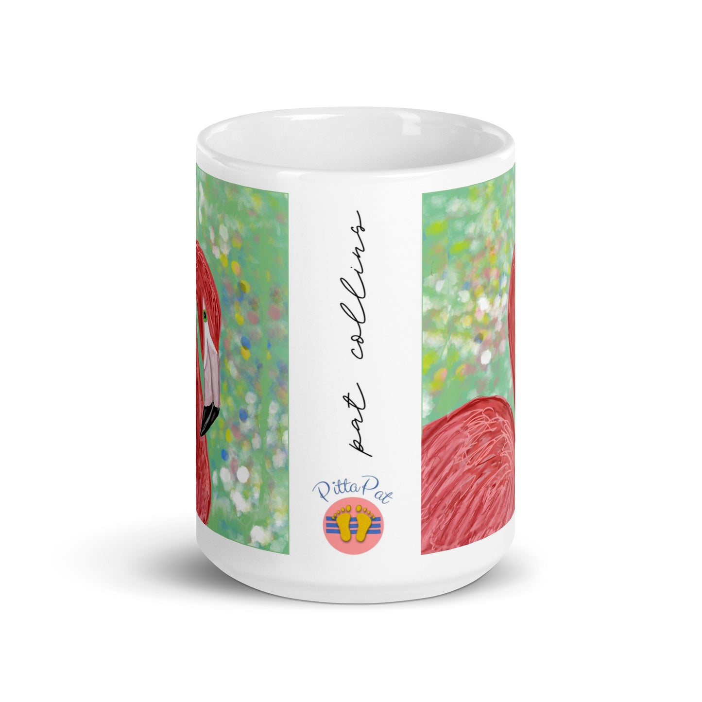 PittaPat happy toes logo and artist's signature on Flamingo Spirit mug.