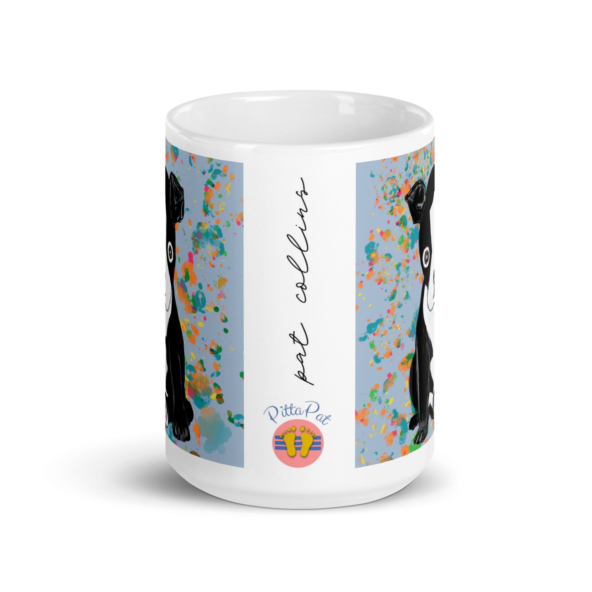 PittaPat logo and artists signature on Boston Terrier Spirit mug.