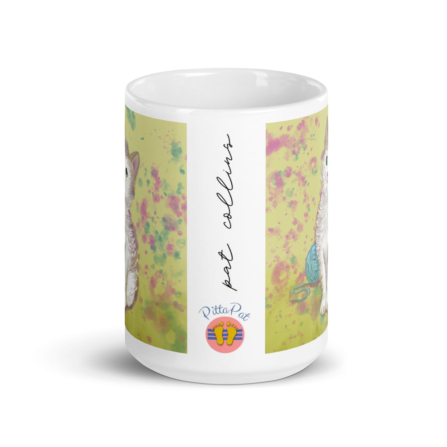 PittaPat logo with artist's signature on a Kitten Mug.