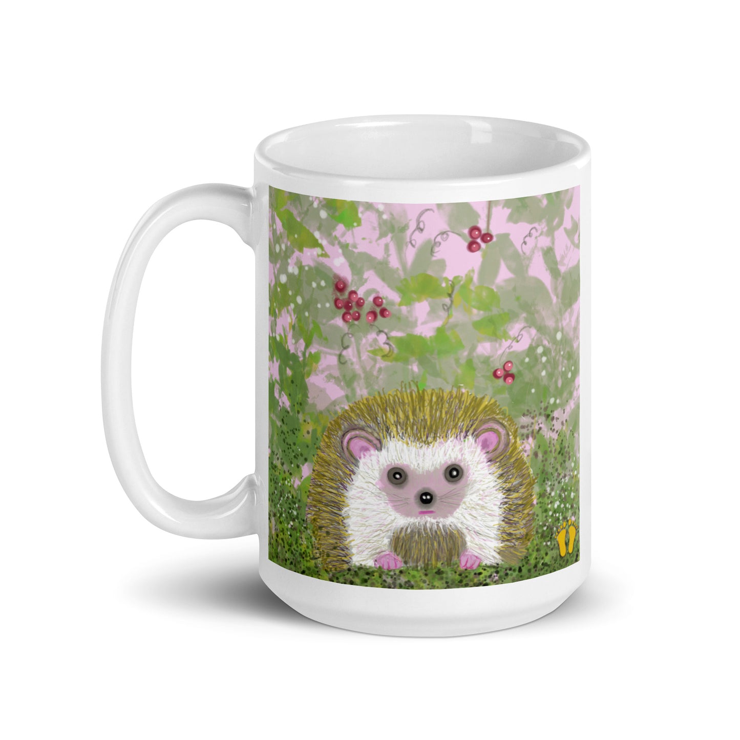 Cute hedgehog on a field of pink and green, with leaves and berries, on a white ceramic coffee mug. 15 oz. Hedgehog is gentle and kind spirit animal connected to Mother Earth.