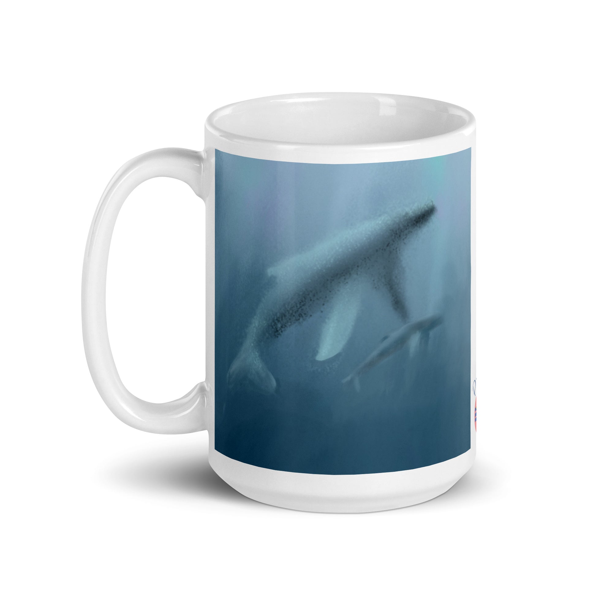 Front view ceramic mug with whale mother and calf carrying the ancient song of endurance and belonging
