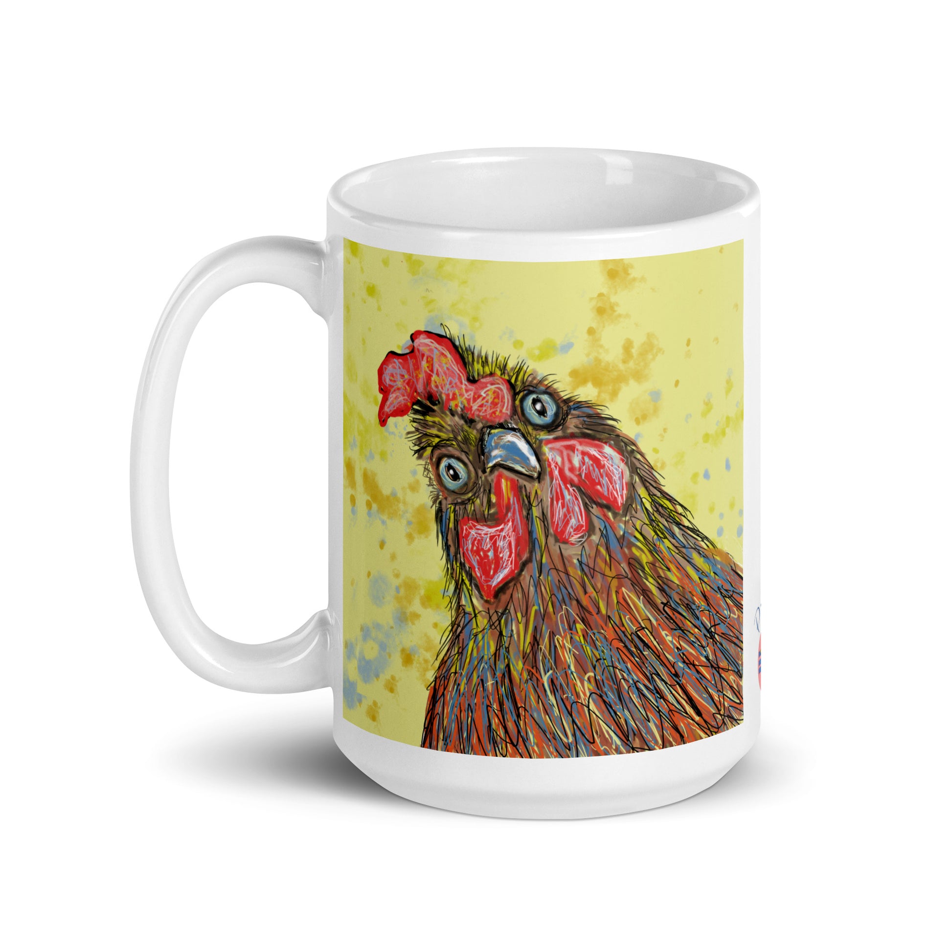 Mug with a colorful chicken design on a white background. 15 oz mug