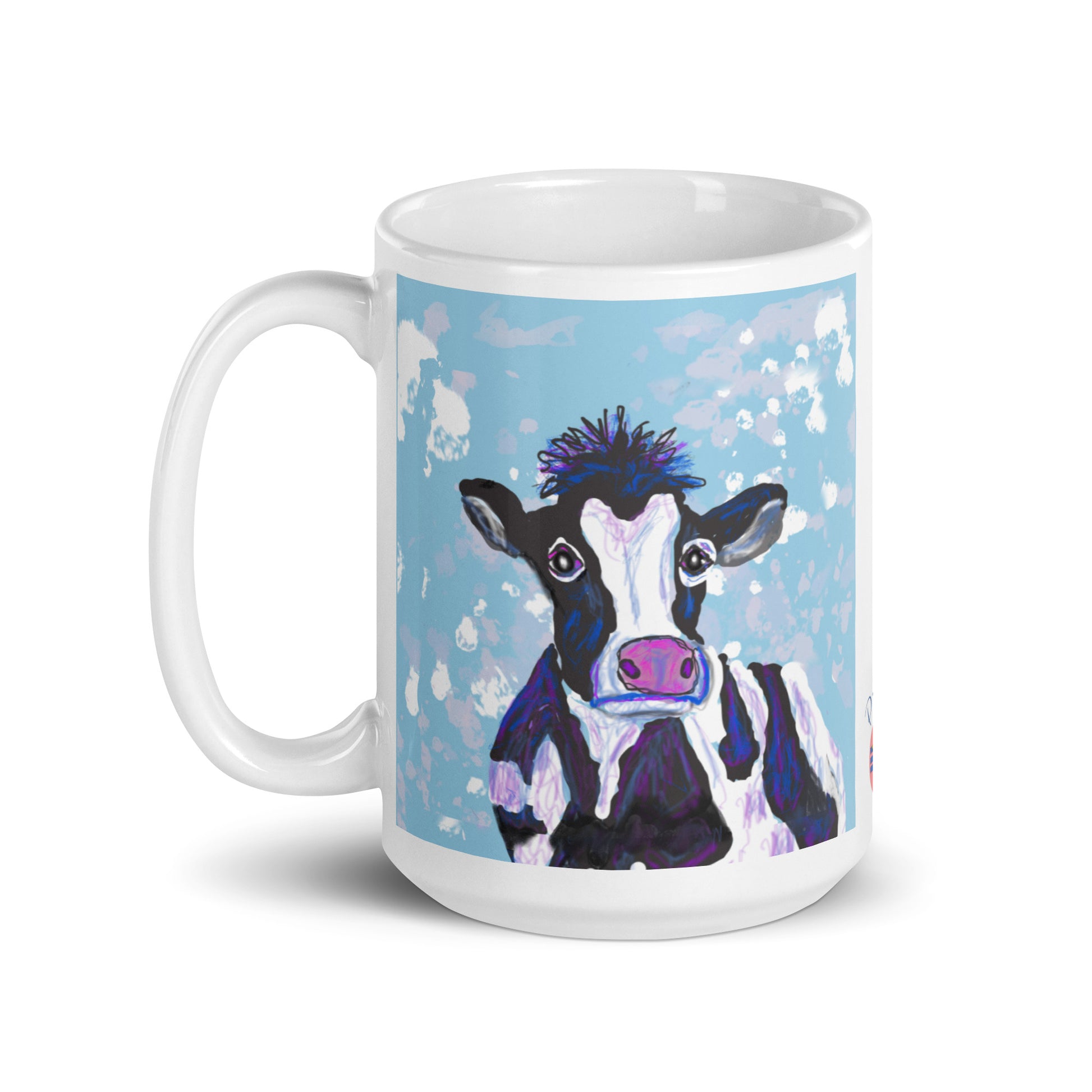 White ceramic mug with original cow spirit artwork, symbolizing nurturing, abundance, and the gentle strength of Earth. 15 oz.