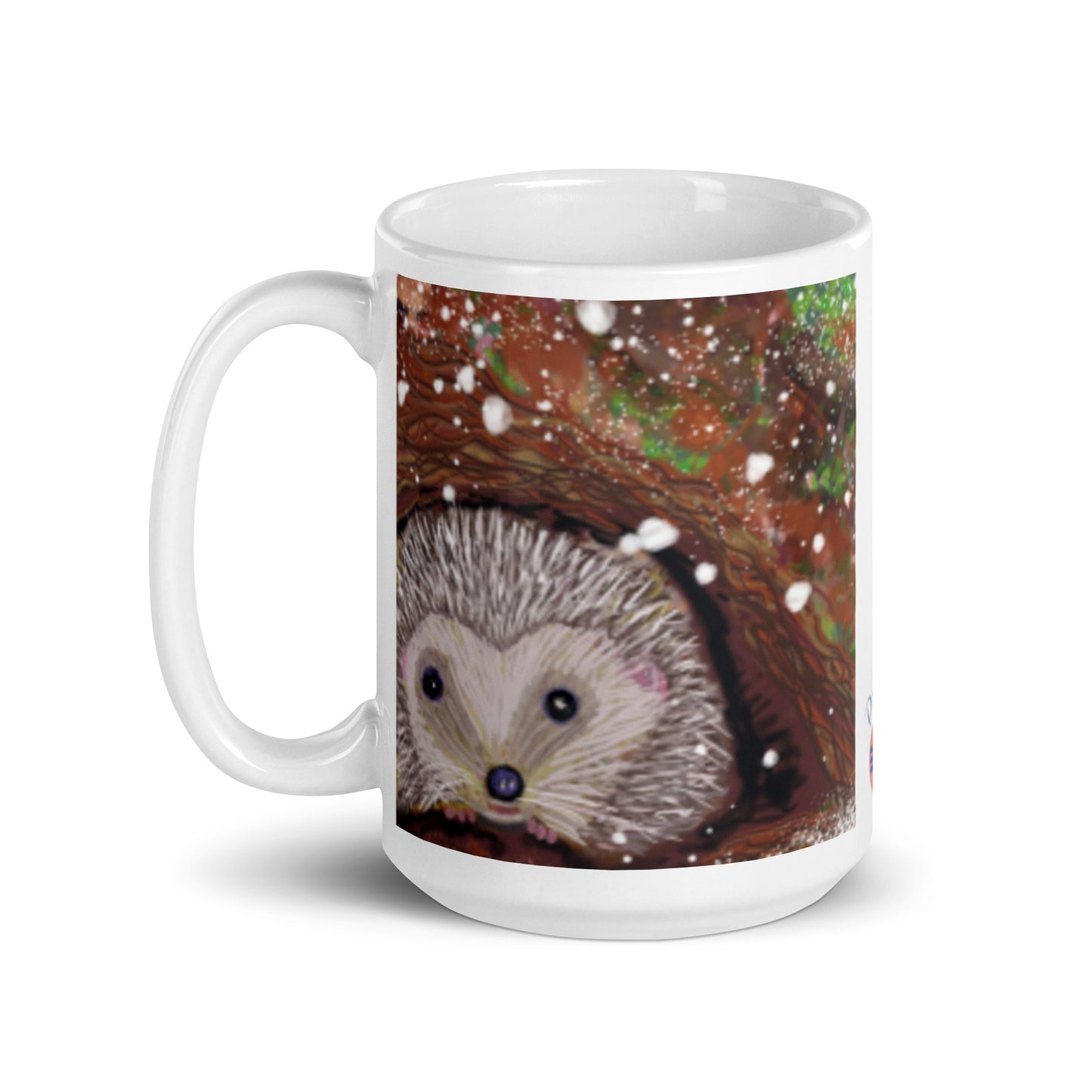Ceramic mug with hedgehog nestled at the base of a tree in winter, snow falling gently, symbol of rest, protection, and good boundaries. 15 oz