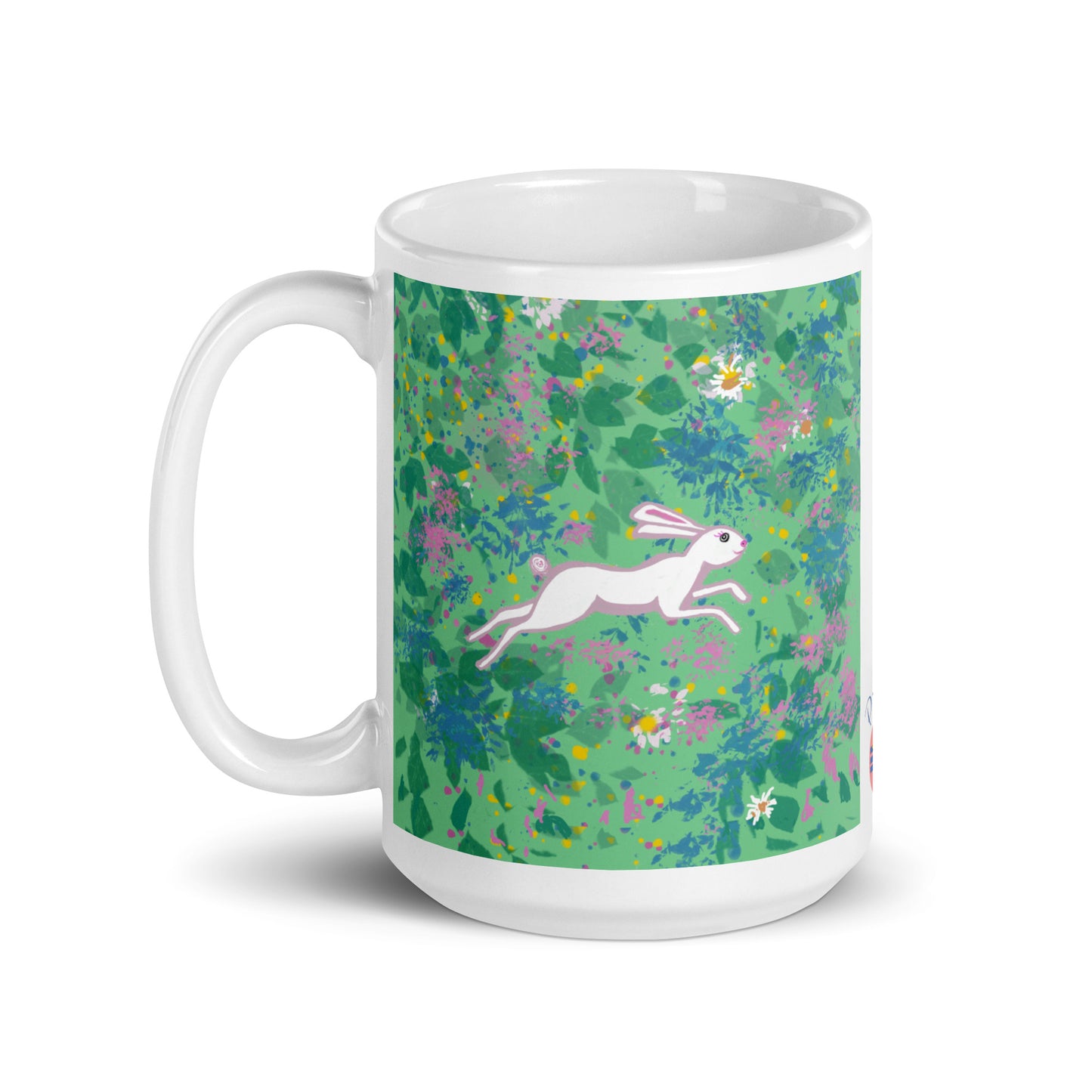 Ceramic mug with spring hare running through a field of wildflowers, symbol of renewal, agility, and joy.
