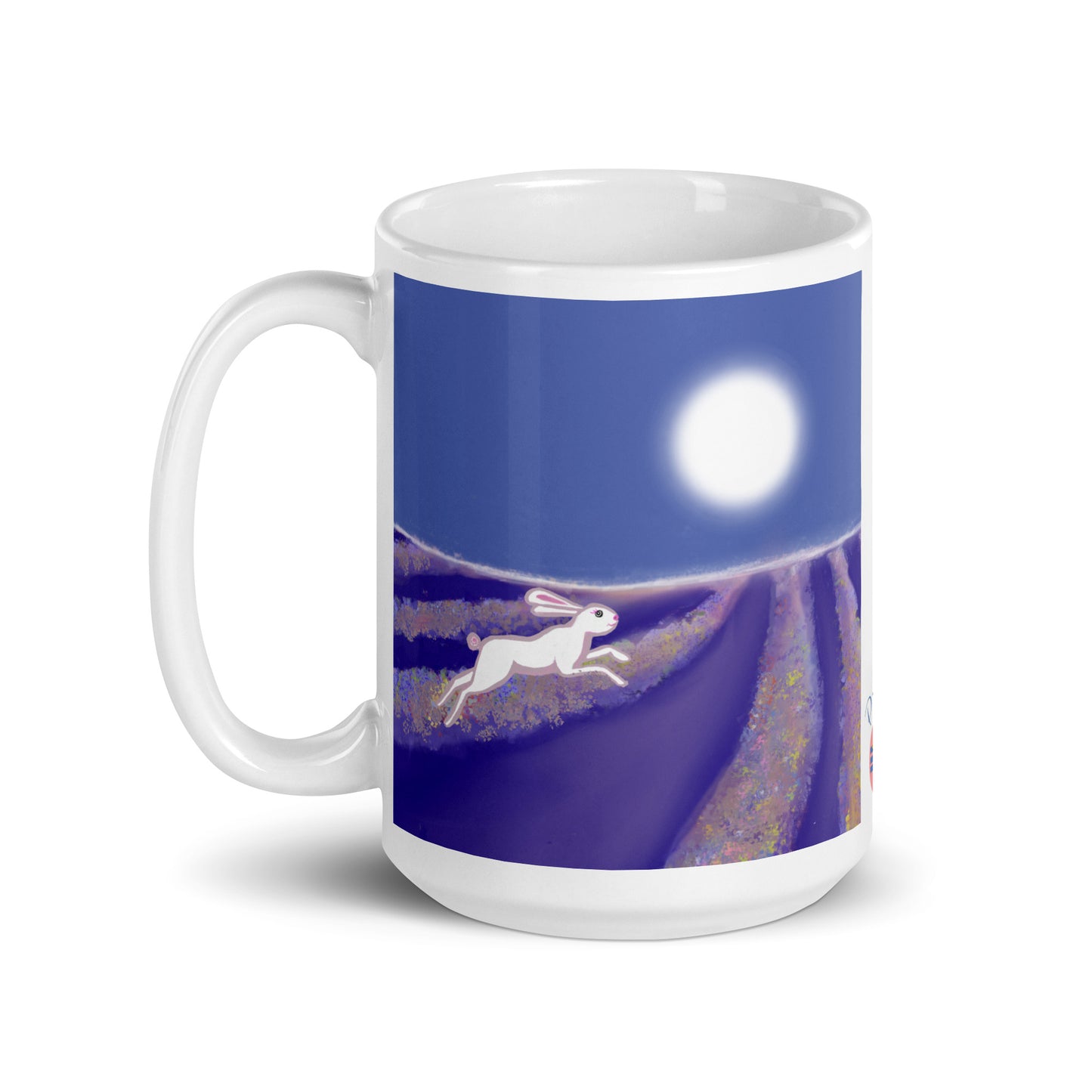Ceramic mug with hare running through lavender rows under a full moon. Hare is the symbol the magician and trickster, of intuition, cycles, and agility.