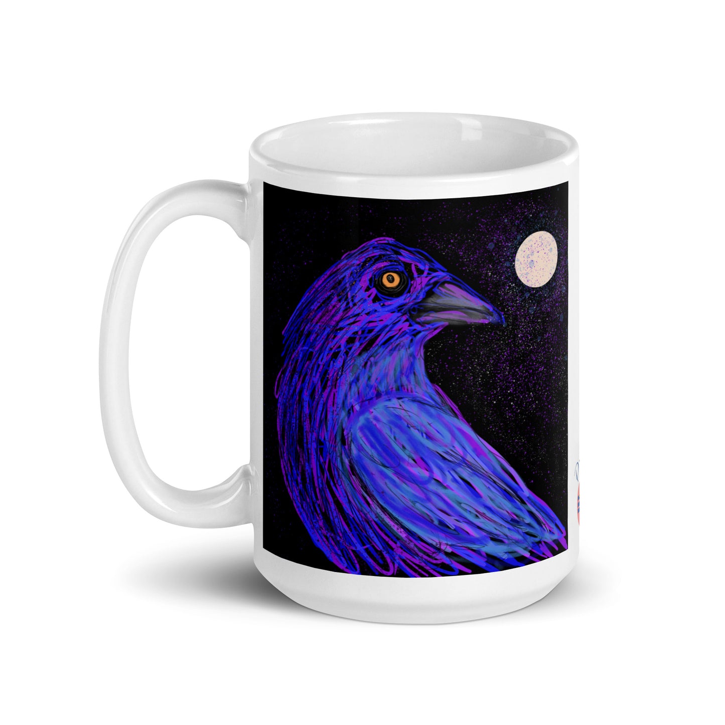 Ceramic mug with crow spirit design, symbol of intelligence, mystery, and transformation. 15 oz.