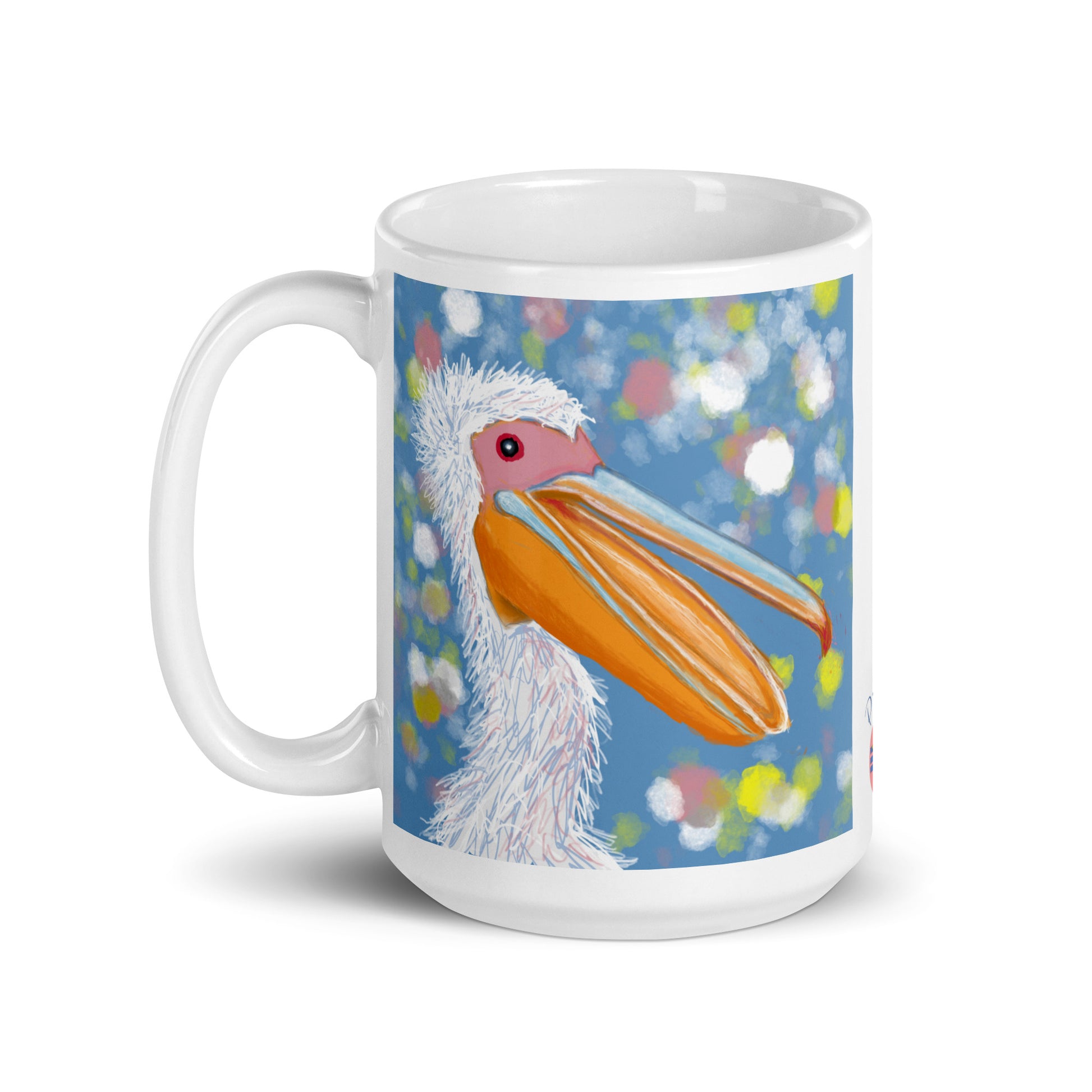 Ceramic mug with pelican spirit artwork, symbol of patience, nurture, and generosity.