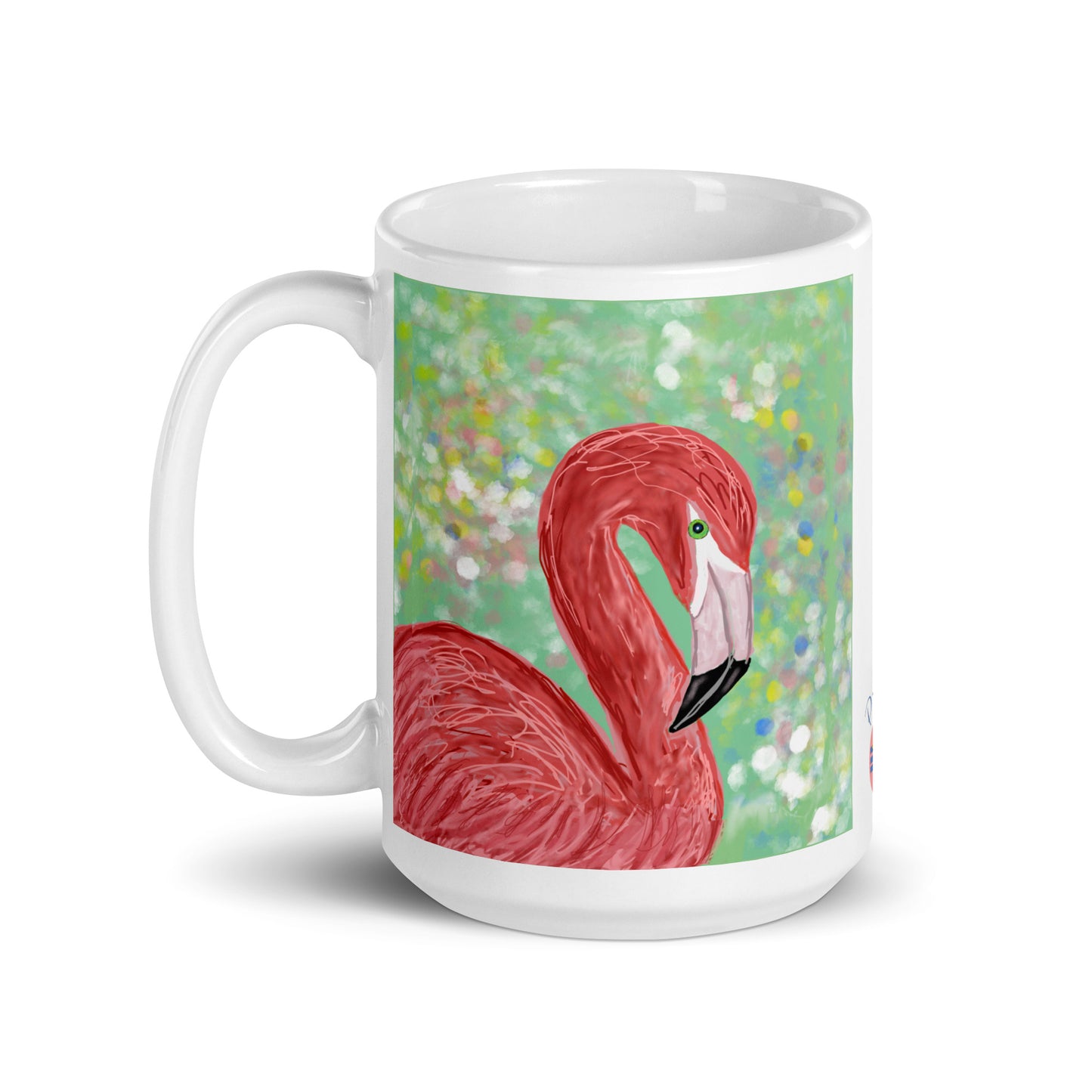 Ceramic mug with flamingo spirit artwork, symbol of balance, beauty, and community.