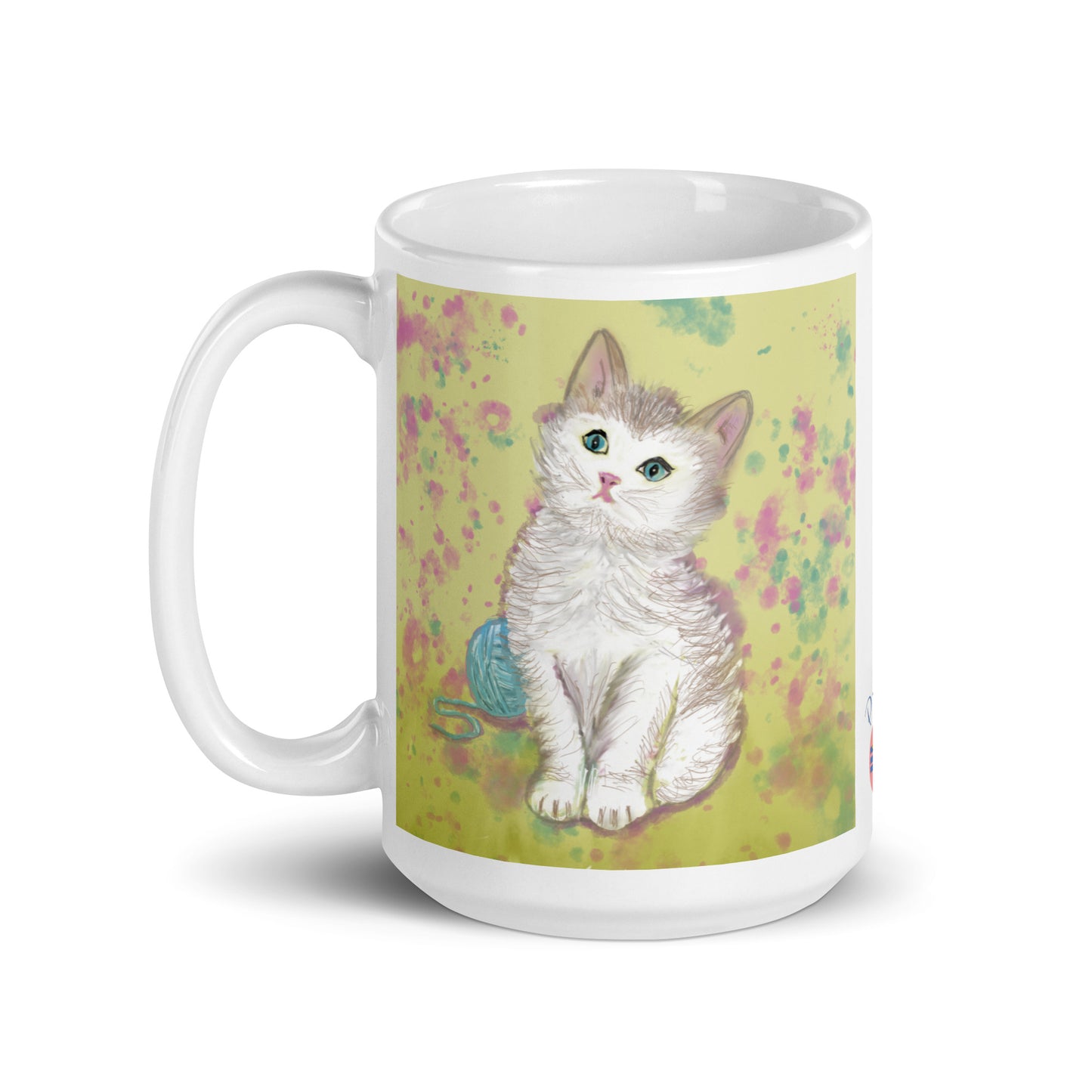 Ceramic mug with kitten spirit artwork, symbol of curiosity, playfulness, and gentle comfort.