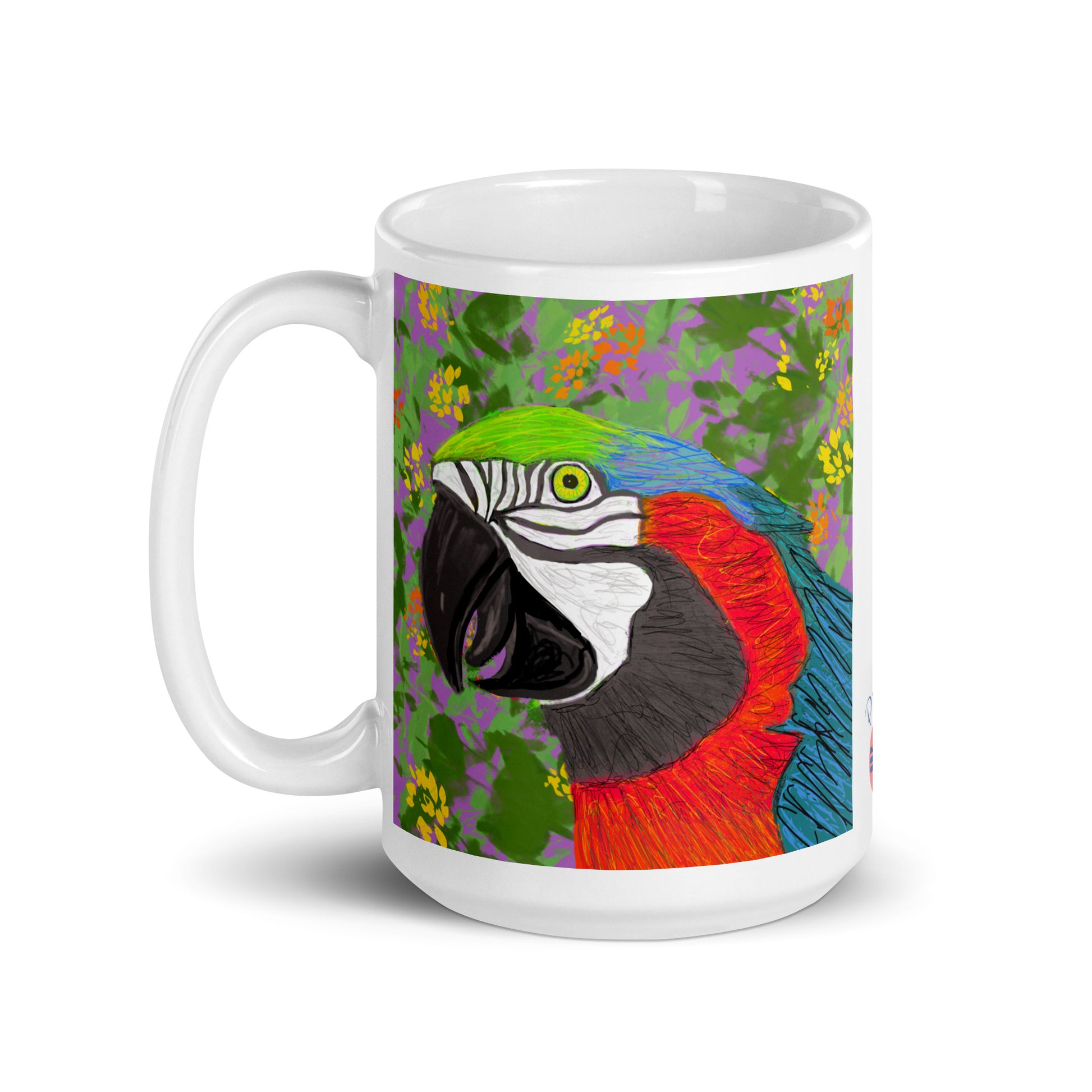 Ceramic mug with parrot spirit artwork, symbol of communication, color, and joy.