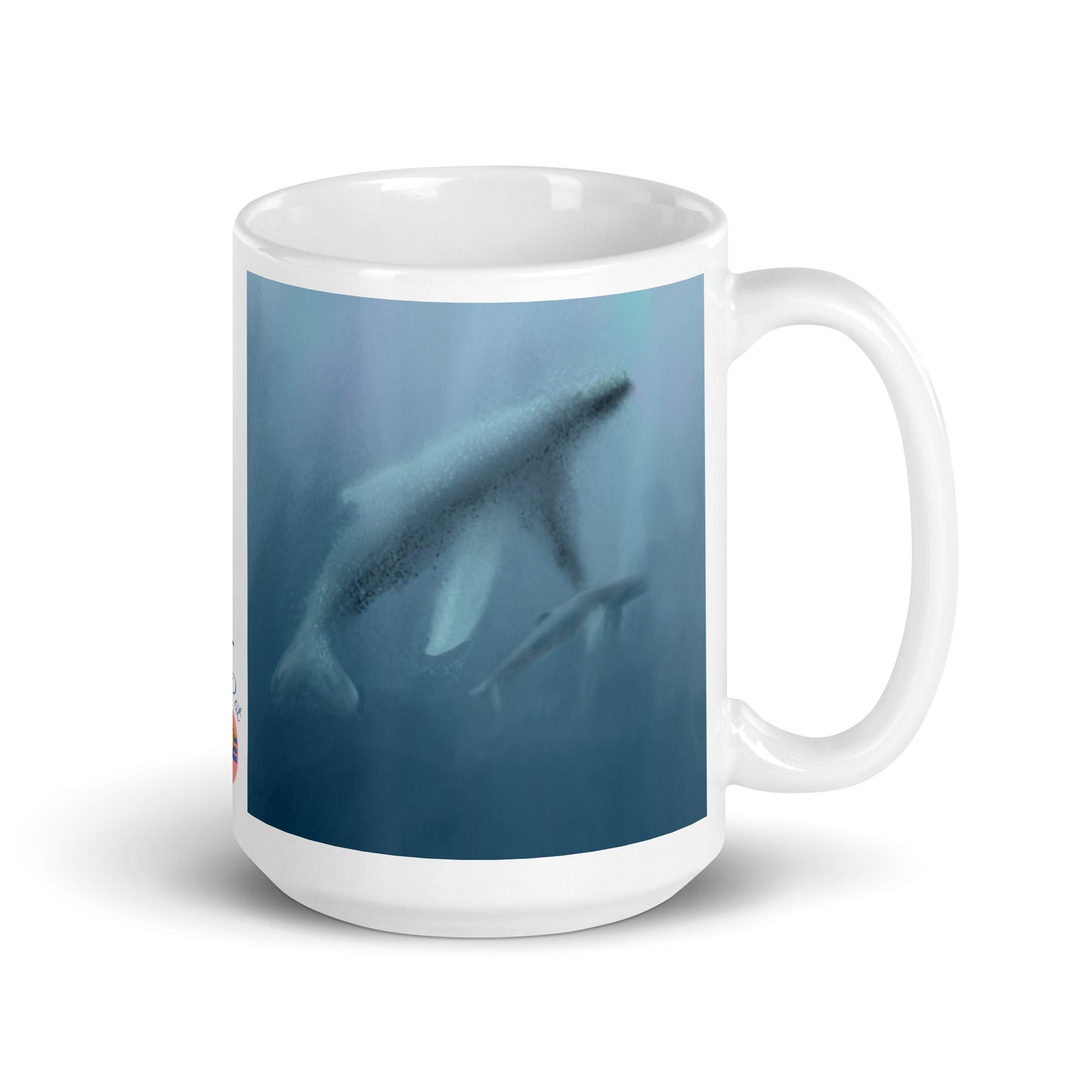 Front view ceramic mug with whale mother and calf carrying the ancient song of endurance and belonging