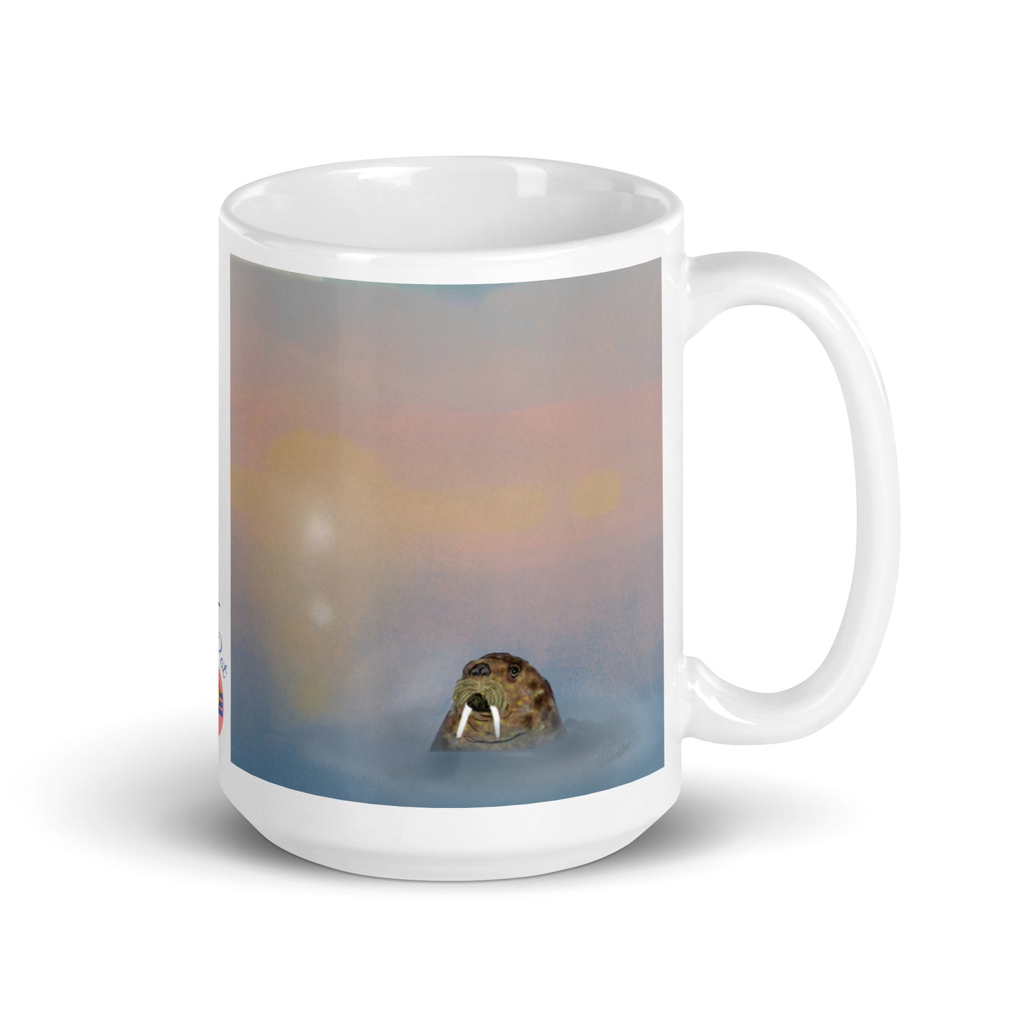Ceramic coffee mug with walrus spirit artwork, symbol of wisdom, protection, and endurance. 15 oz