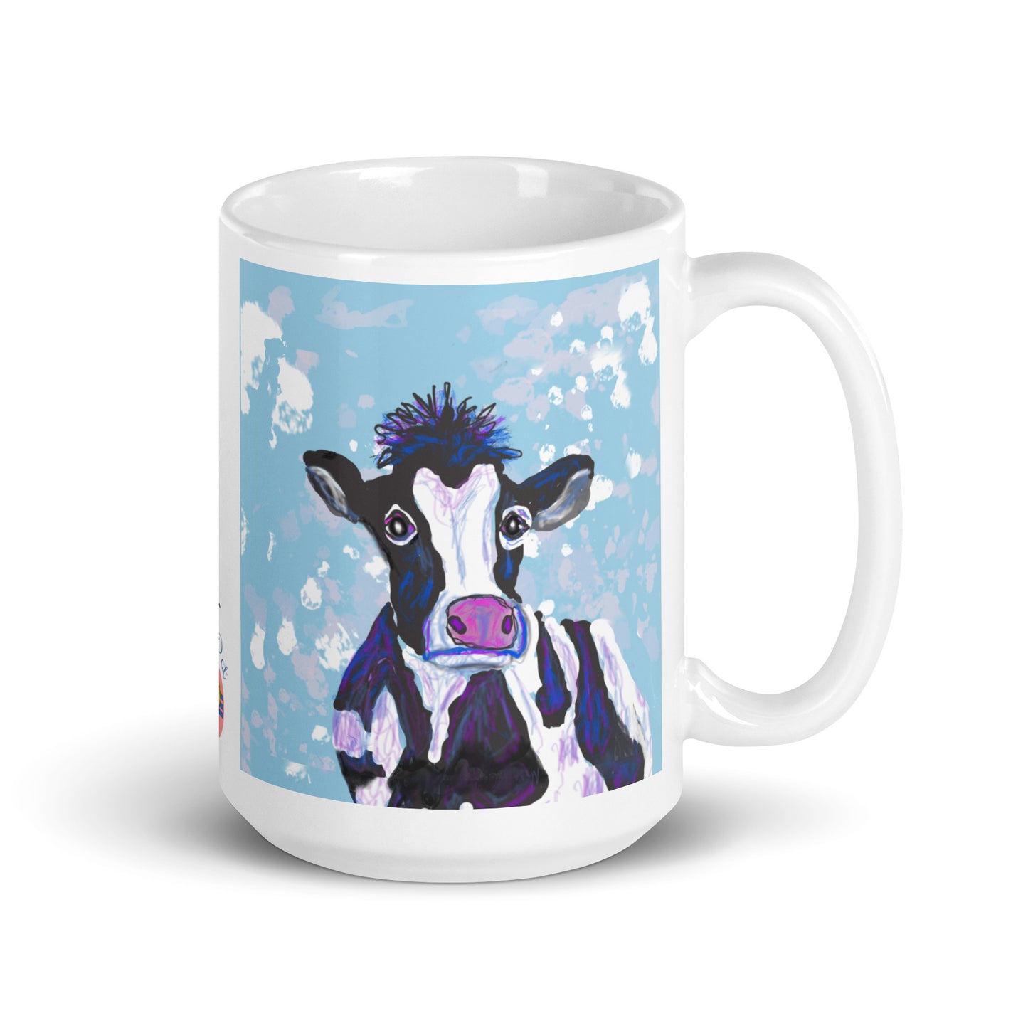 White ceramic mug with original cow spirit artwork, symbolizing nurturing, abundance, and the gentle strength of Earth. 15 oz.