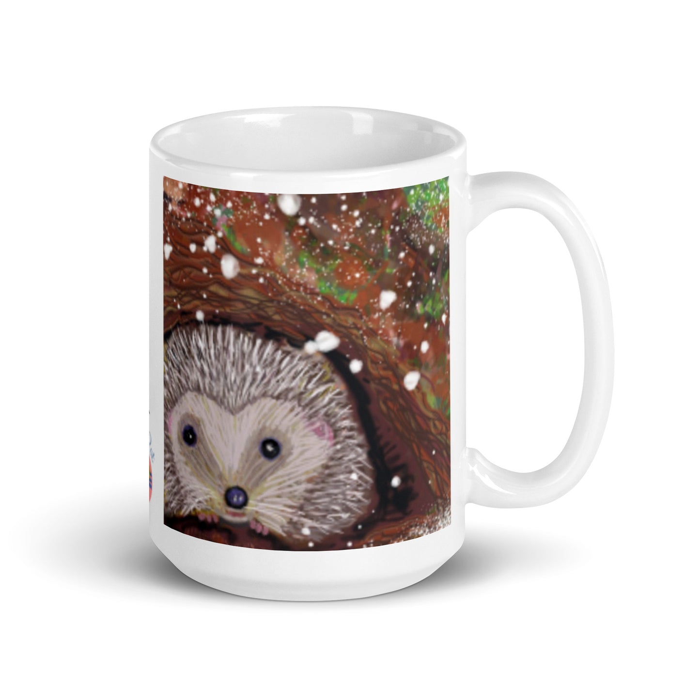 Ceramic mug with hedgehog nestled at the base of a tree in winter, snow falling gently, symbol of rest, protection, and good boundaries. 15 oz