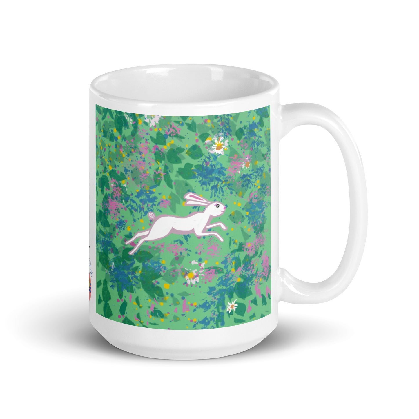 Ceramic mug with spring hare running through a field of wildflowers, symbol of renewal, agility, and joy.