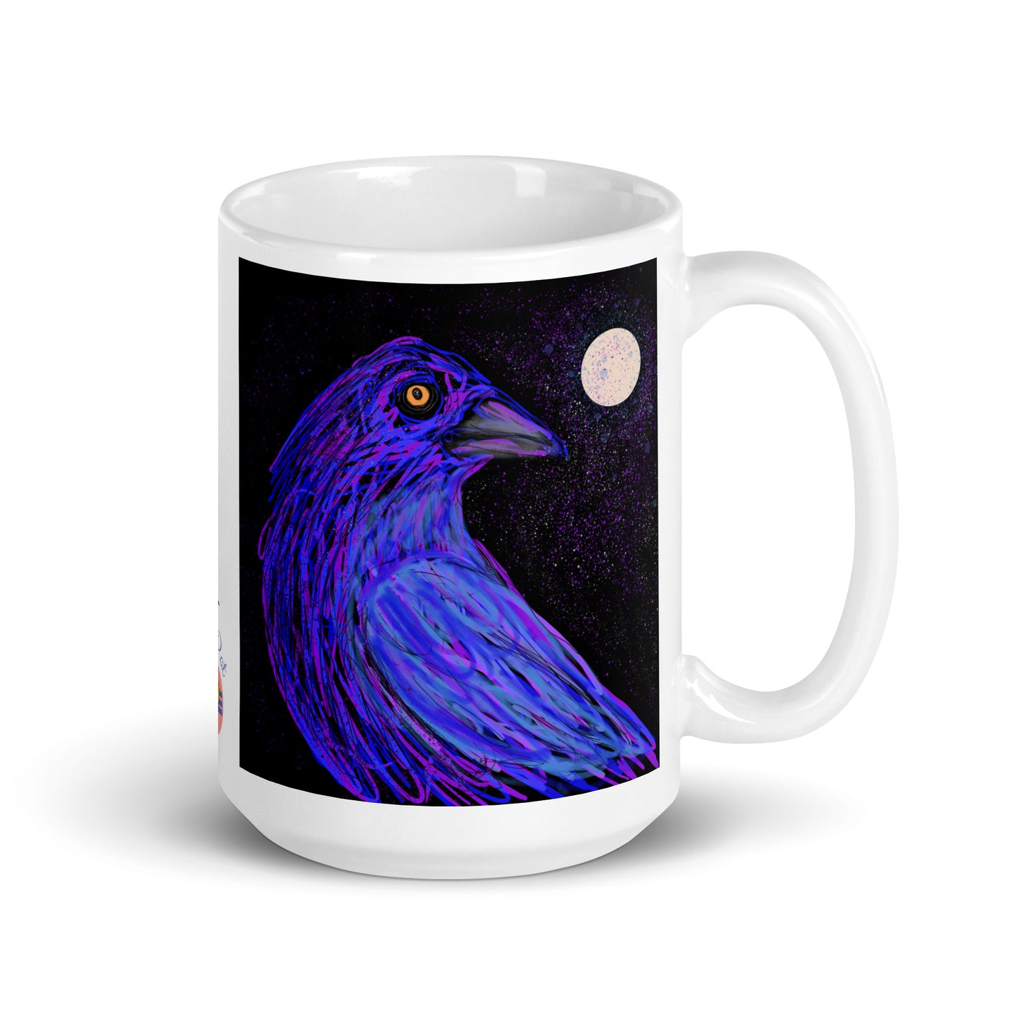 Ceramic mug with crow spirit design, symbol of intelligence, mystery, and transformation.  15 oz.