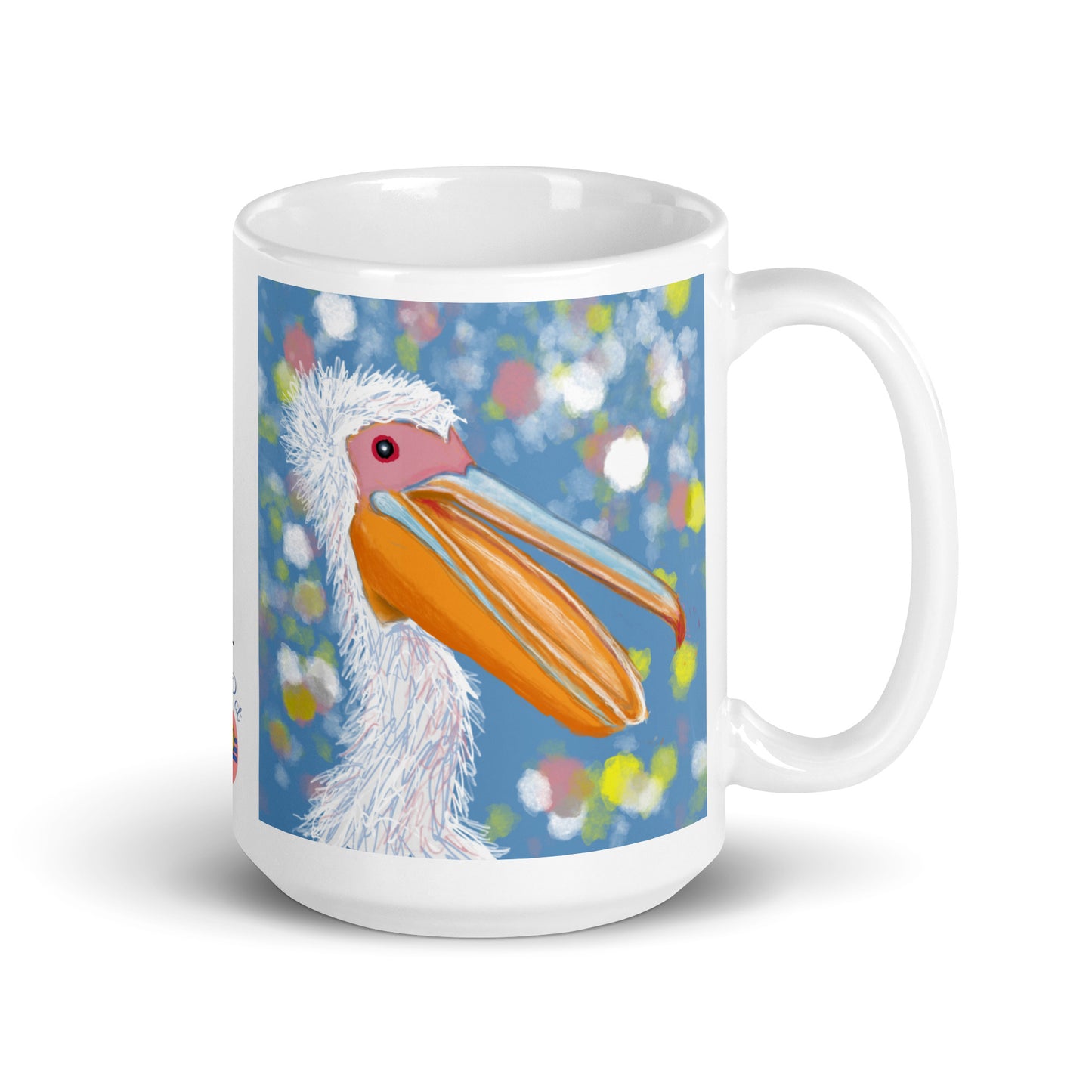 Ceramic mug with pelican spirit artwork, symbol of patience, nurture, and generosity.